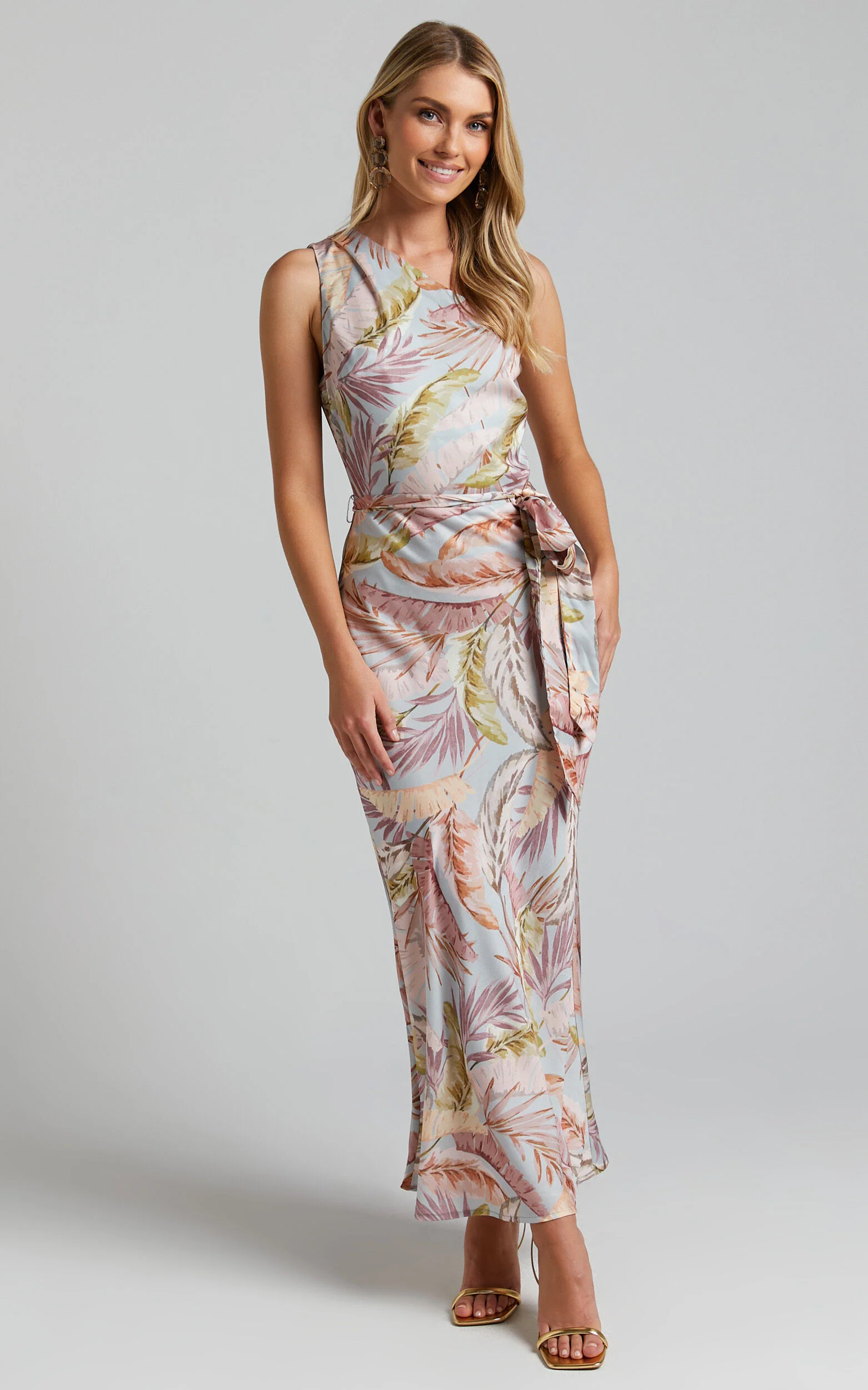 Adea Midi Dress - Asymmetric One Shoulder Slip Dress in Blue Lagoon Leaf Print