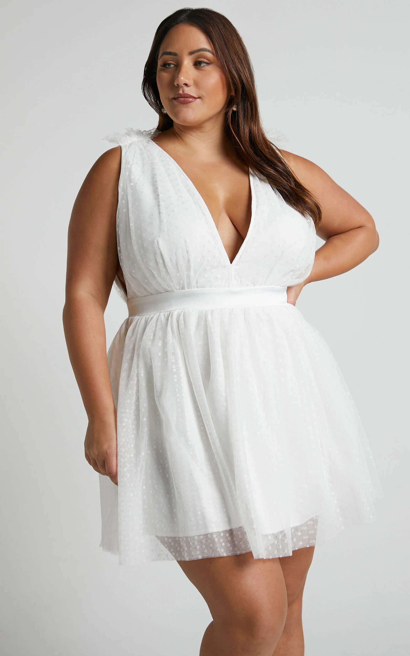 Mariabella Mini Dress - Tulle Plunge Dress in White