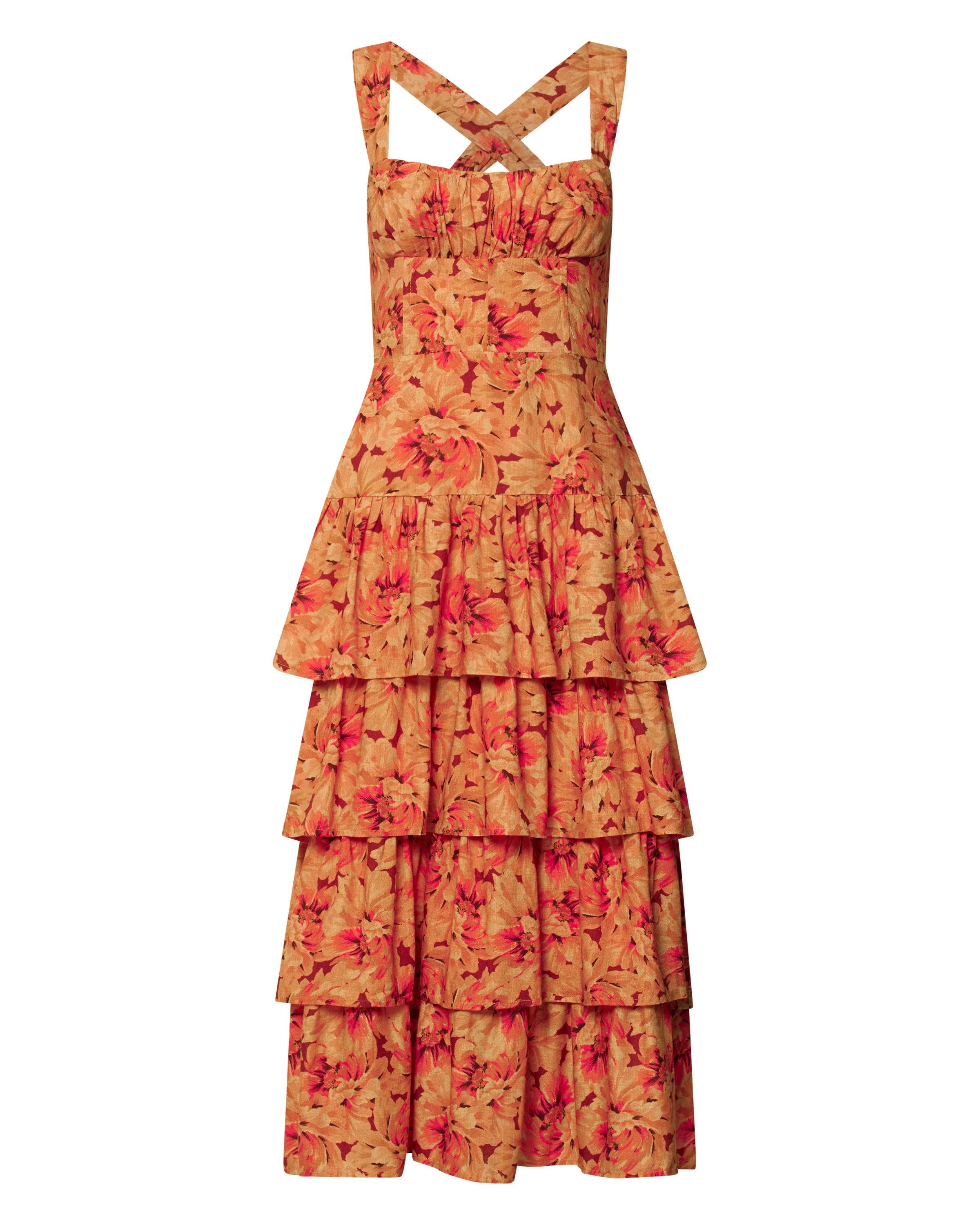 Amalie The Label - Adela Linen Look Blend Tiered Midi Dress in Valencia Print