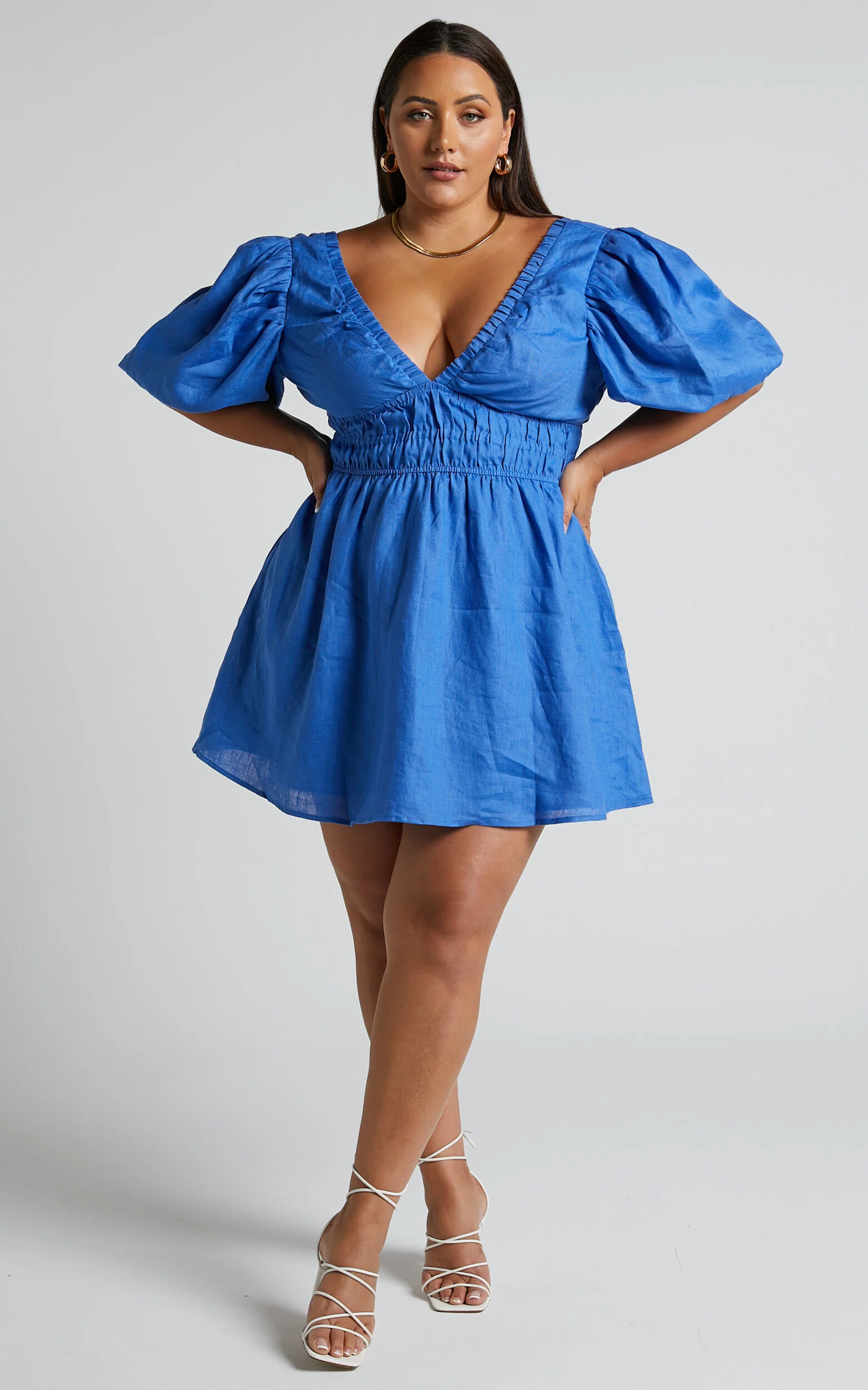 Amalie The Label - Khaila Linen Plunge Puff Sleeve Mini Linen Dress in Blue