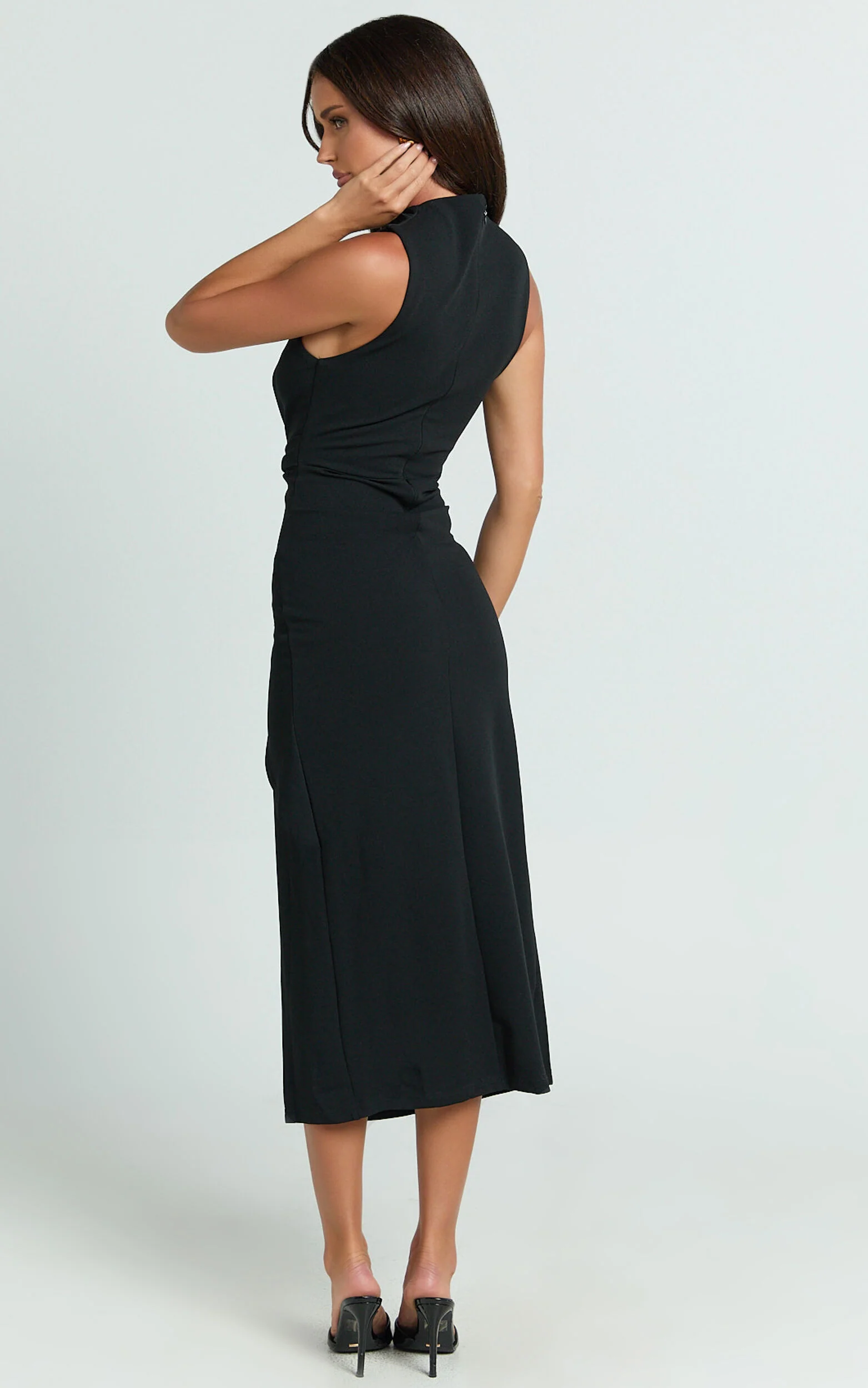 Millie Midi Dress - Front Twist Cut Out Thigh Split Dress in Black