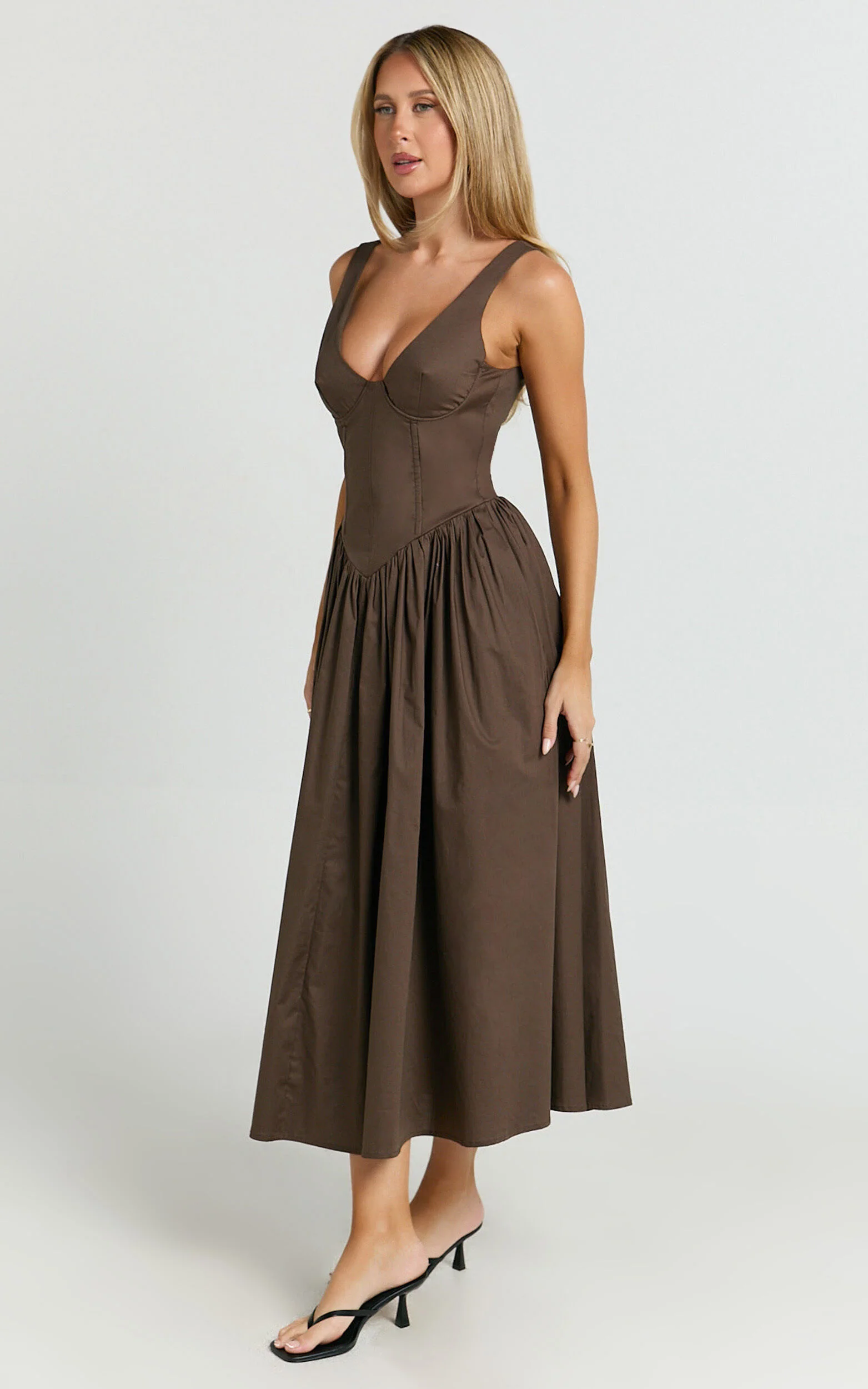 Beckett Midi Dress - Scoop Neck Drop V Waist Gathered Skirt Dress in Dark Chocolate
