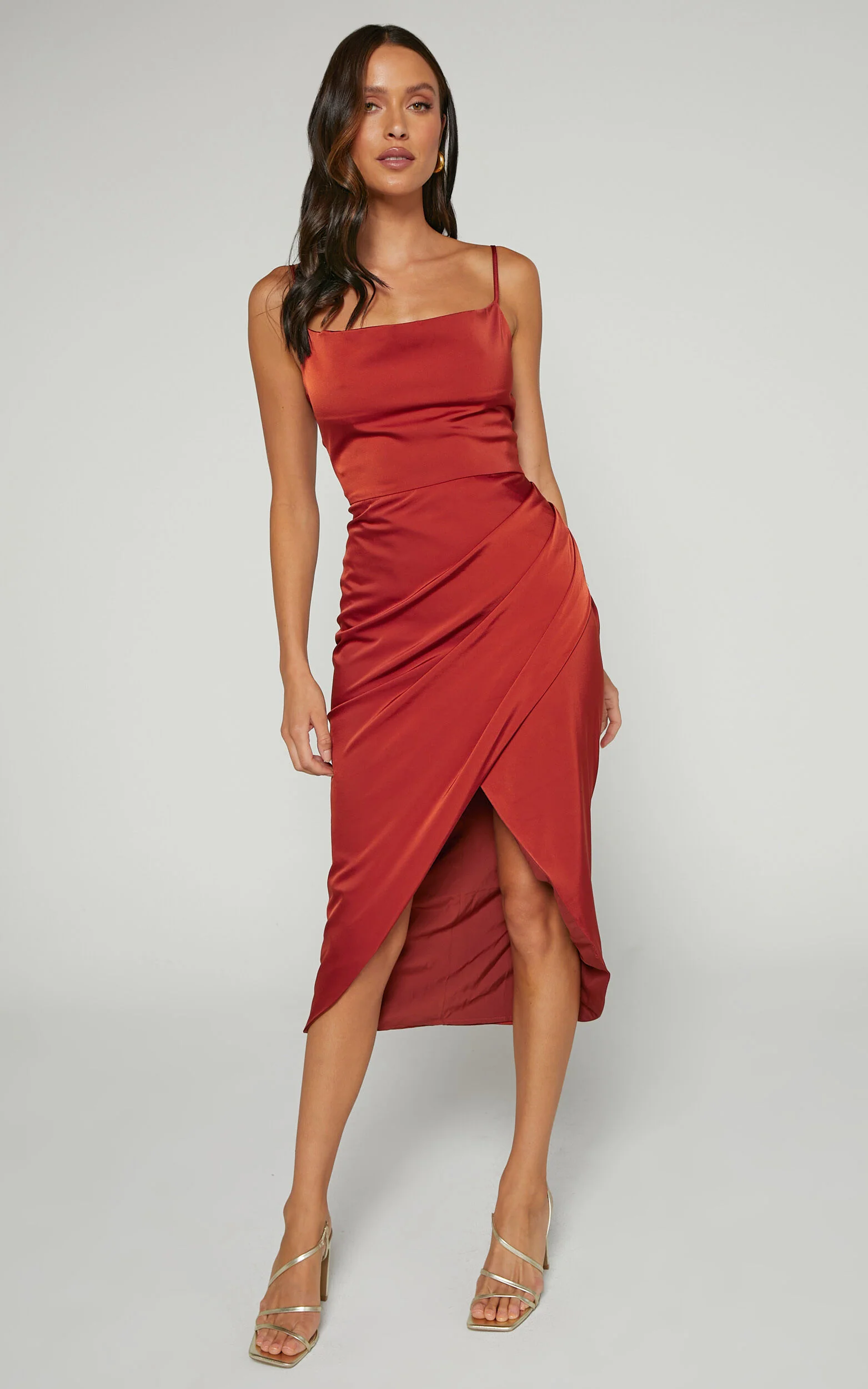 Dazzling Lights Midi Dress - Cowl Neck Draped Dress in Copper Satin