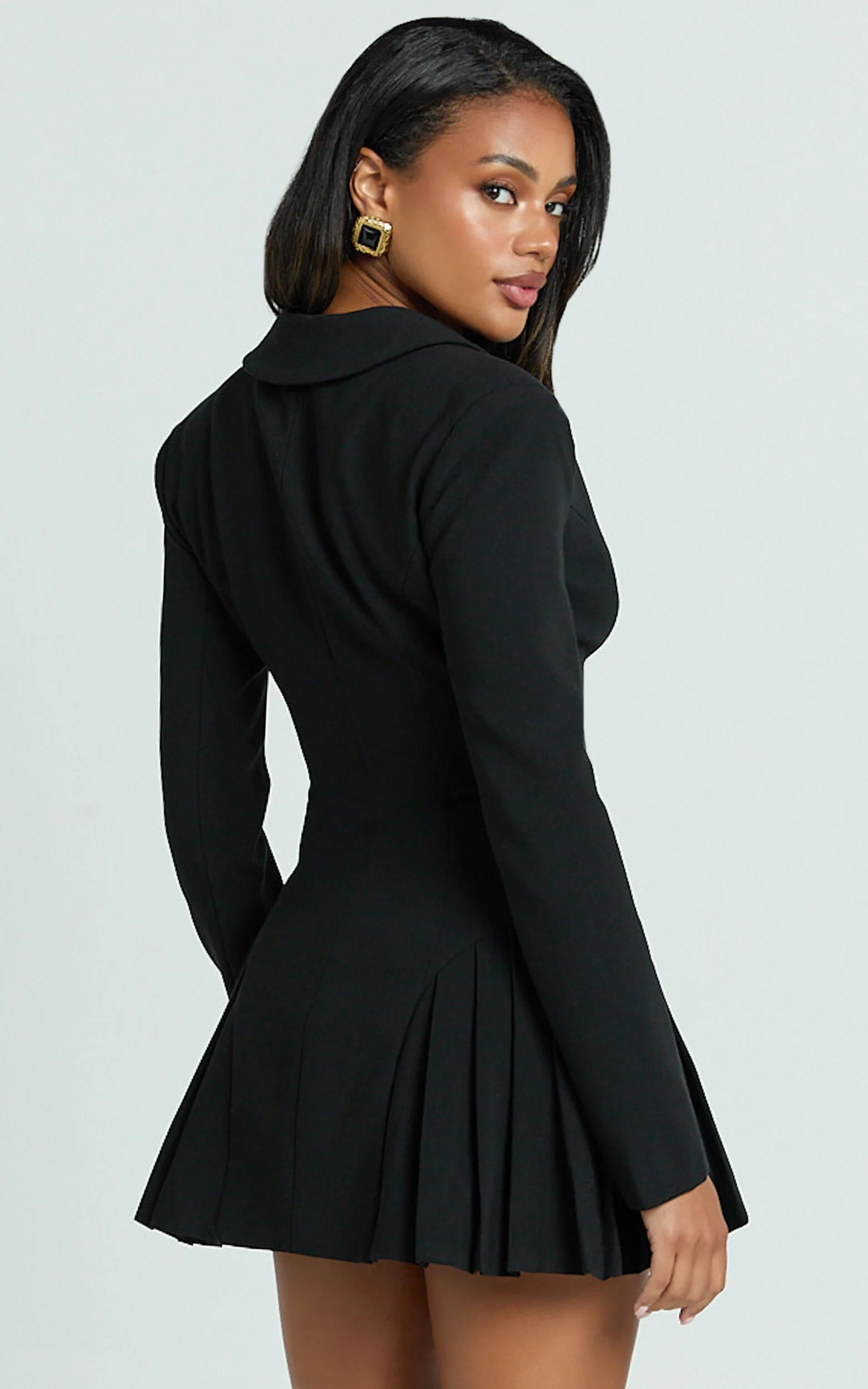 Bea Mini Dress - Collared Long Sleeve Fit And Flare Pleated Dress in Black
