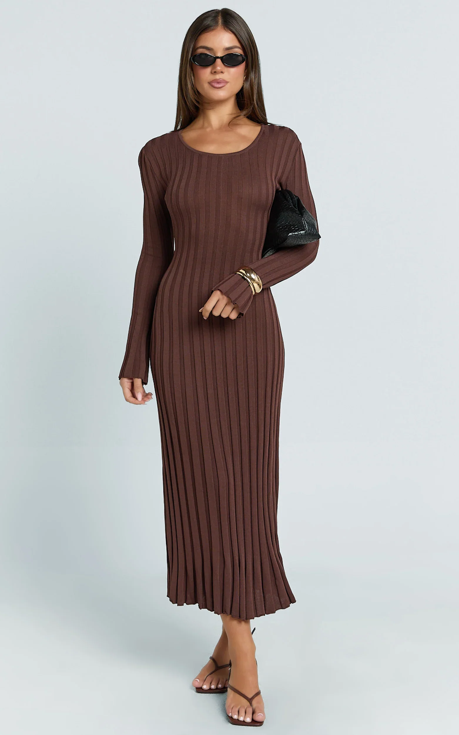 Blaire Midi Dress - Long Sleeve Tie Back Flare Dress in Dark Chocolate