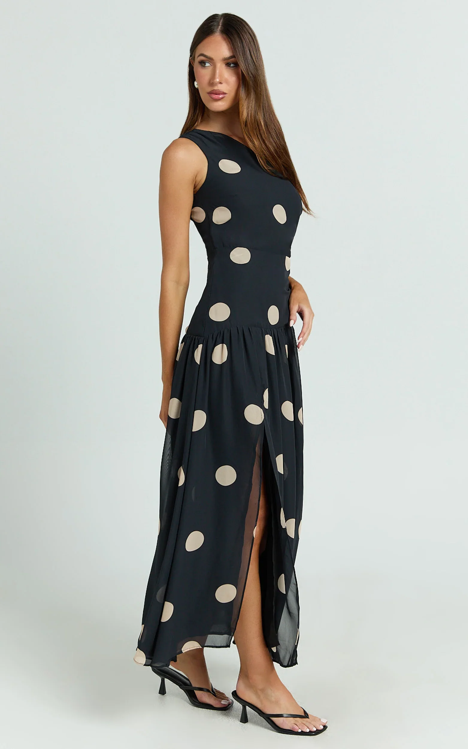 Darlynne Midi Dress - One Shoulder Dress in Black Polkadot