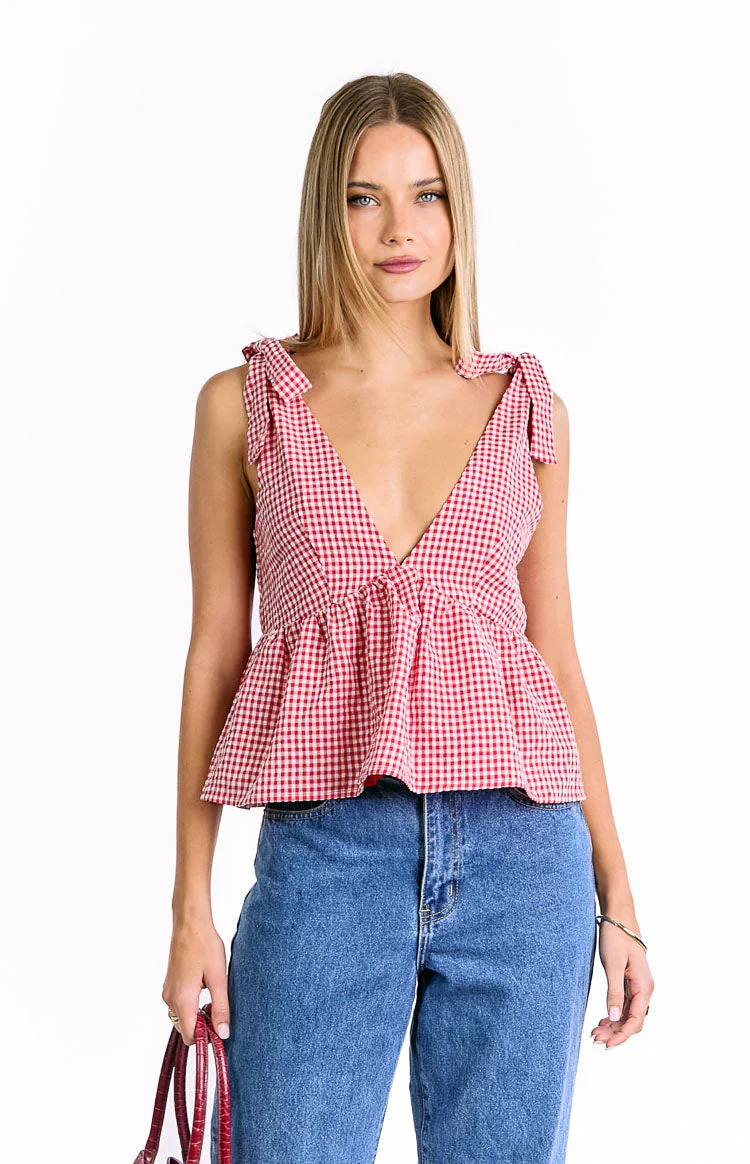 Angelica Red Gingham Tie Top