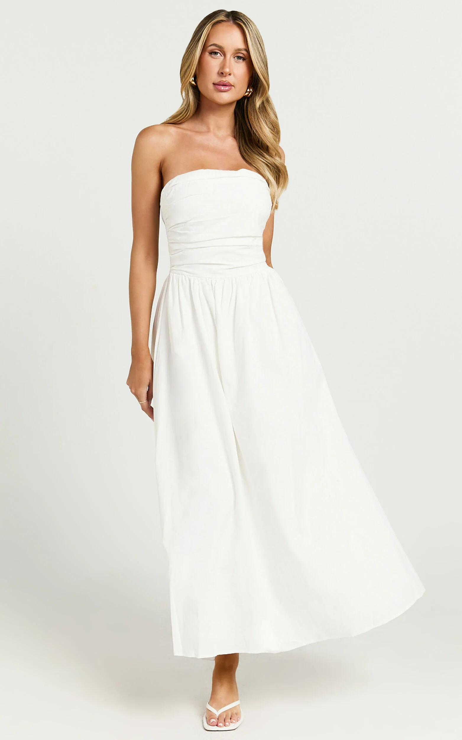 Polly Midi Dress - Strapless Ruched Dress in White