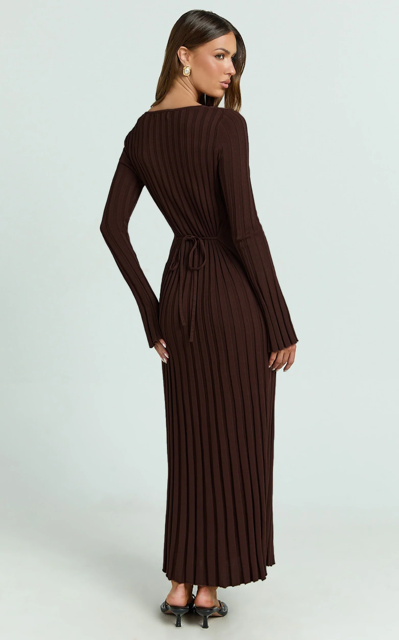 Astra Maxi Dress - V Neck Long Sleeve Knit Dress in Chocolate