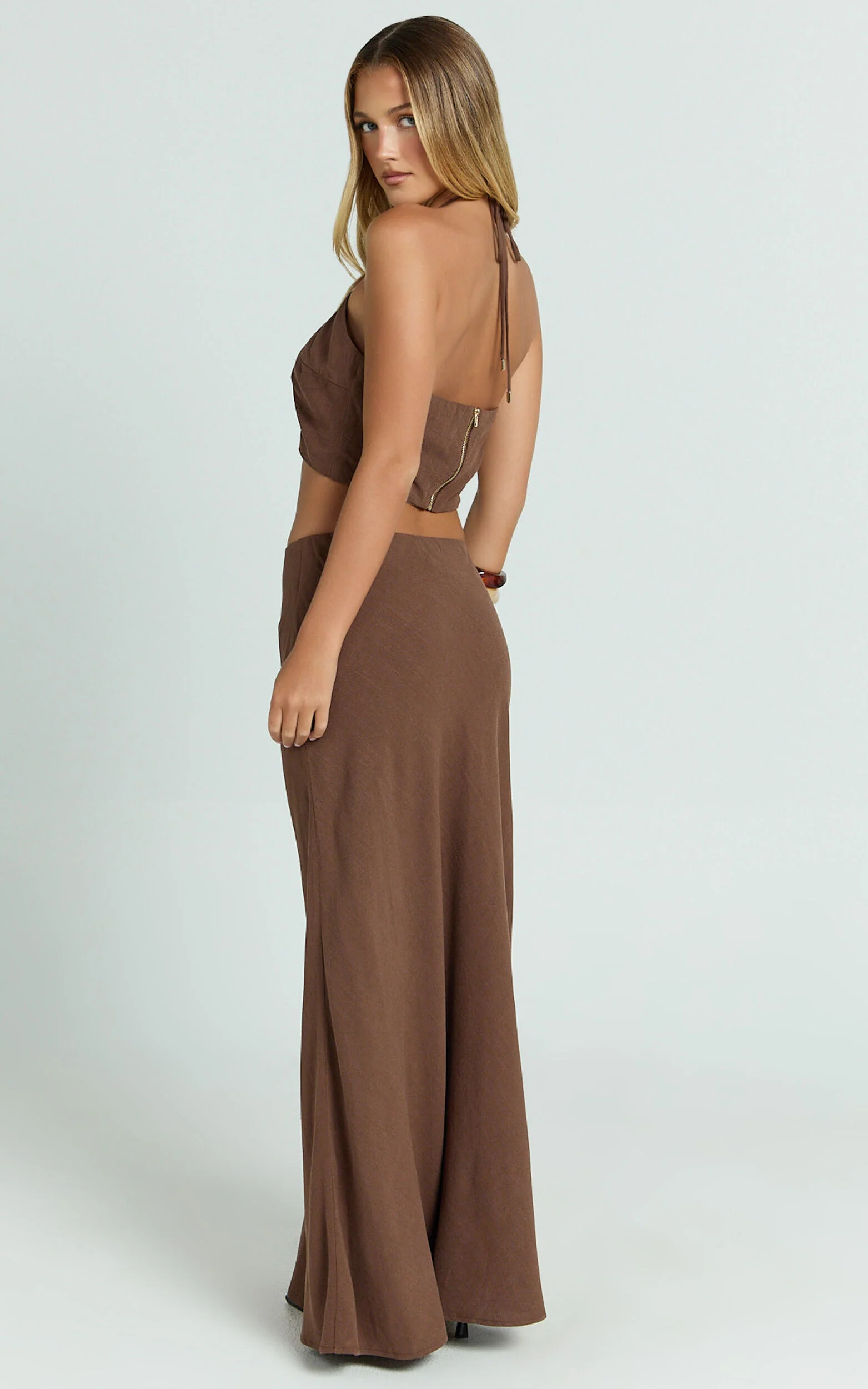 Chelsea Two Piece Set - Linen Halter Neck Top and Bias Cut Sheer Maxi Skirt in Chocolate