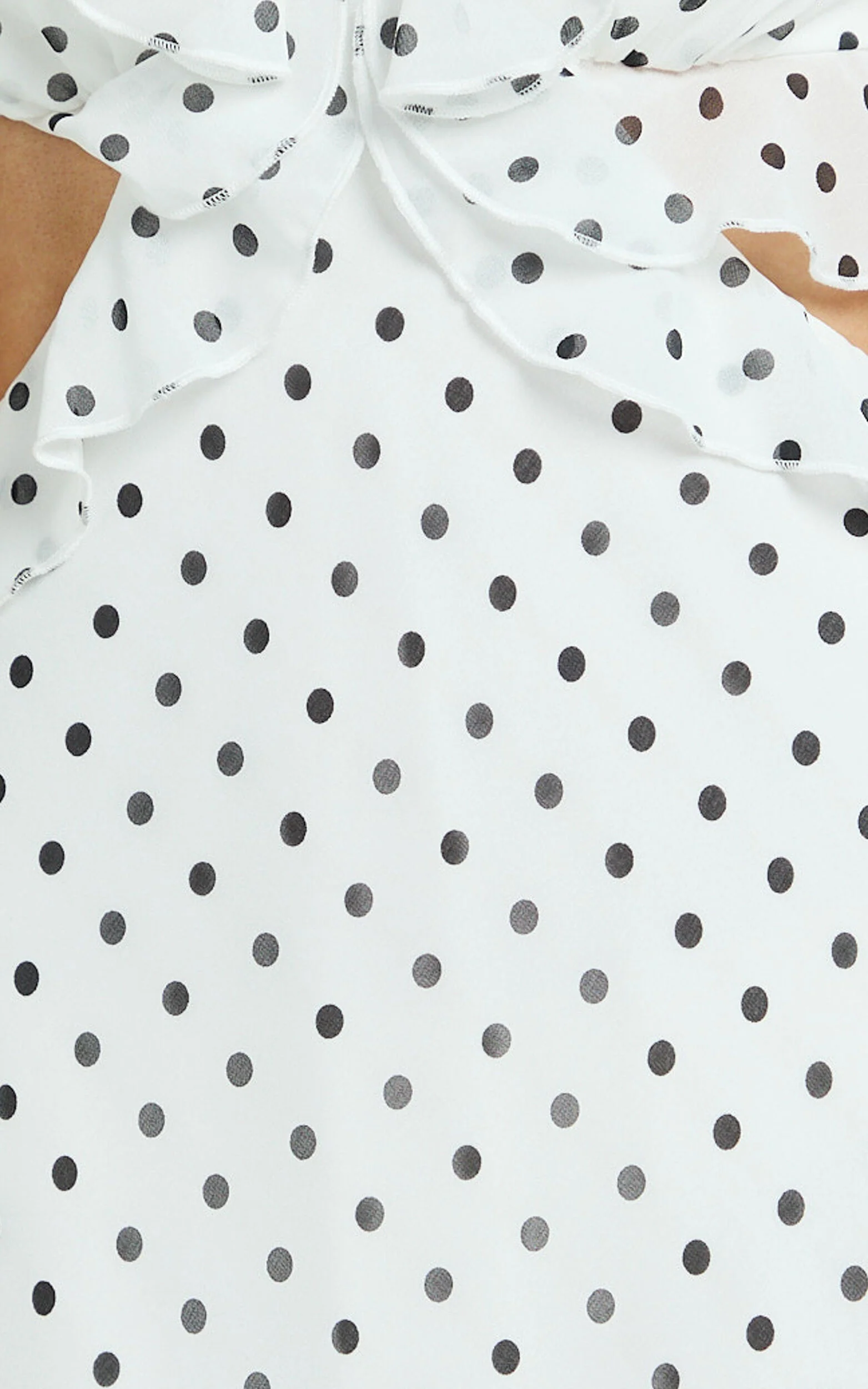 Dahlia Midi Dress - Ruffle Details Slip Dress in White Based Polkadot