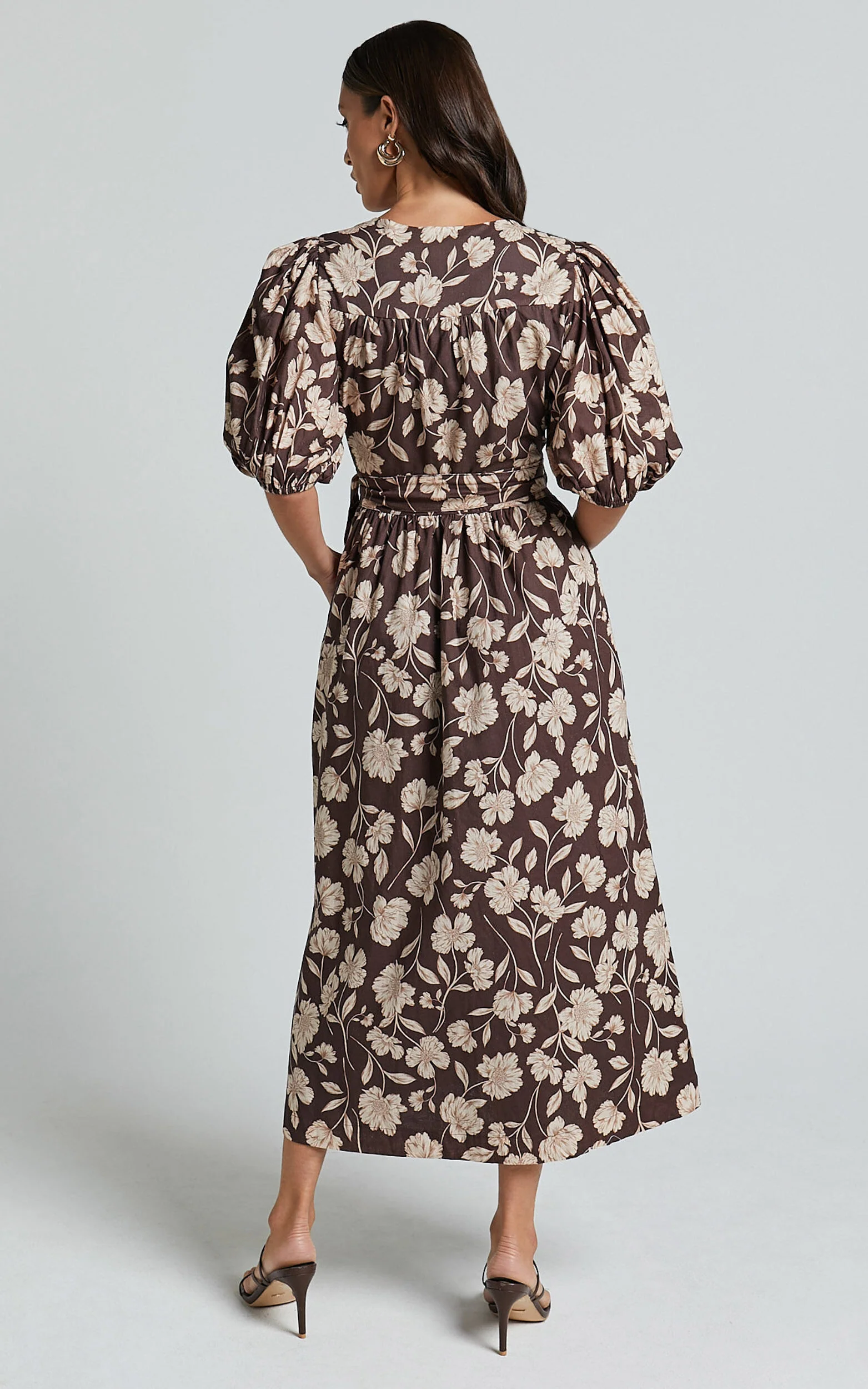 Amalie The Label - Francie Linen Blend Puff Sleeve Wrap Midi Dress in Sahara Print