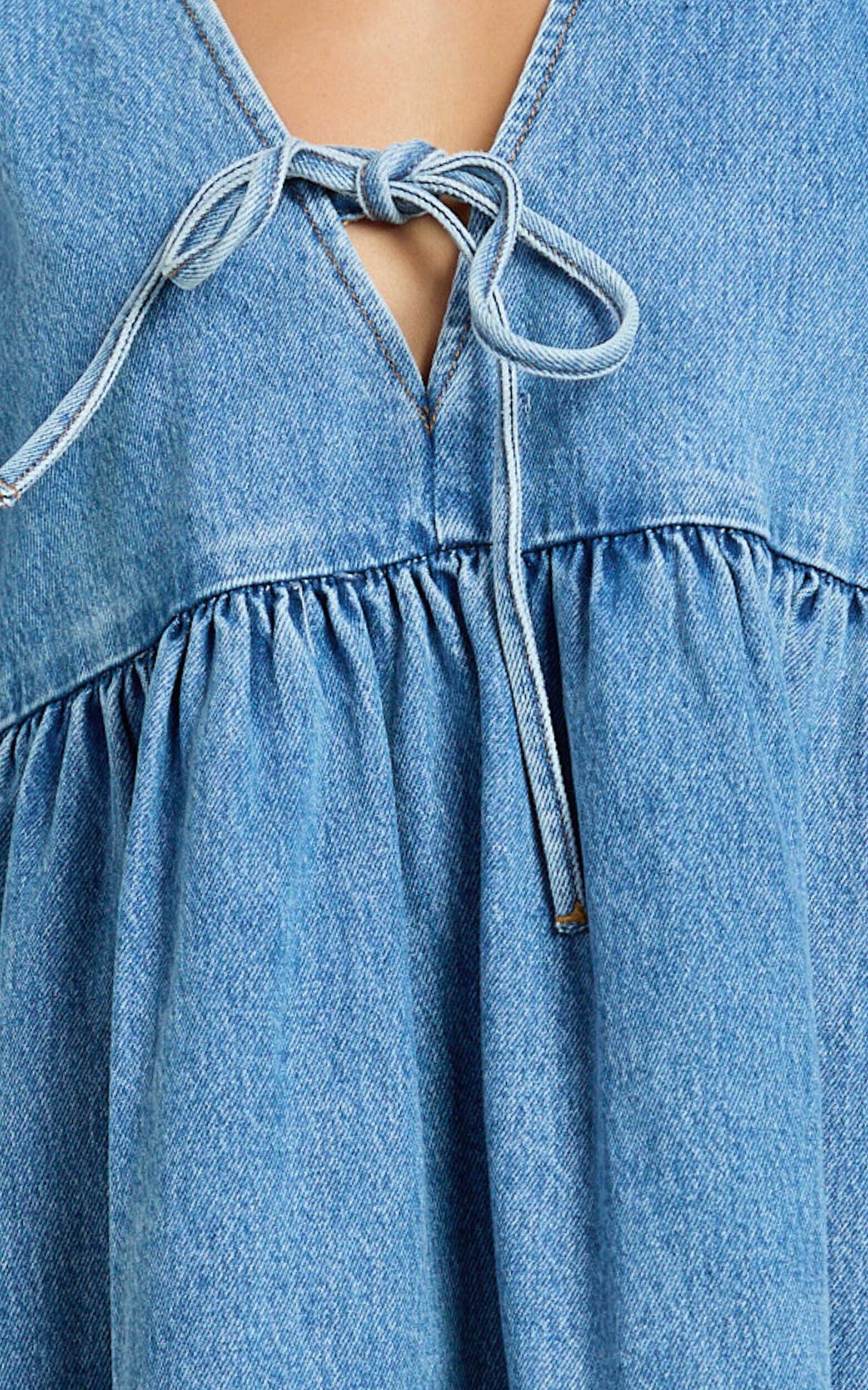 Shailene Mini Dress - Tie Front Puff Sleeve Recycled Denim Dress in Mid Blue Wash