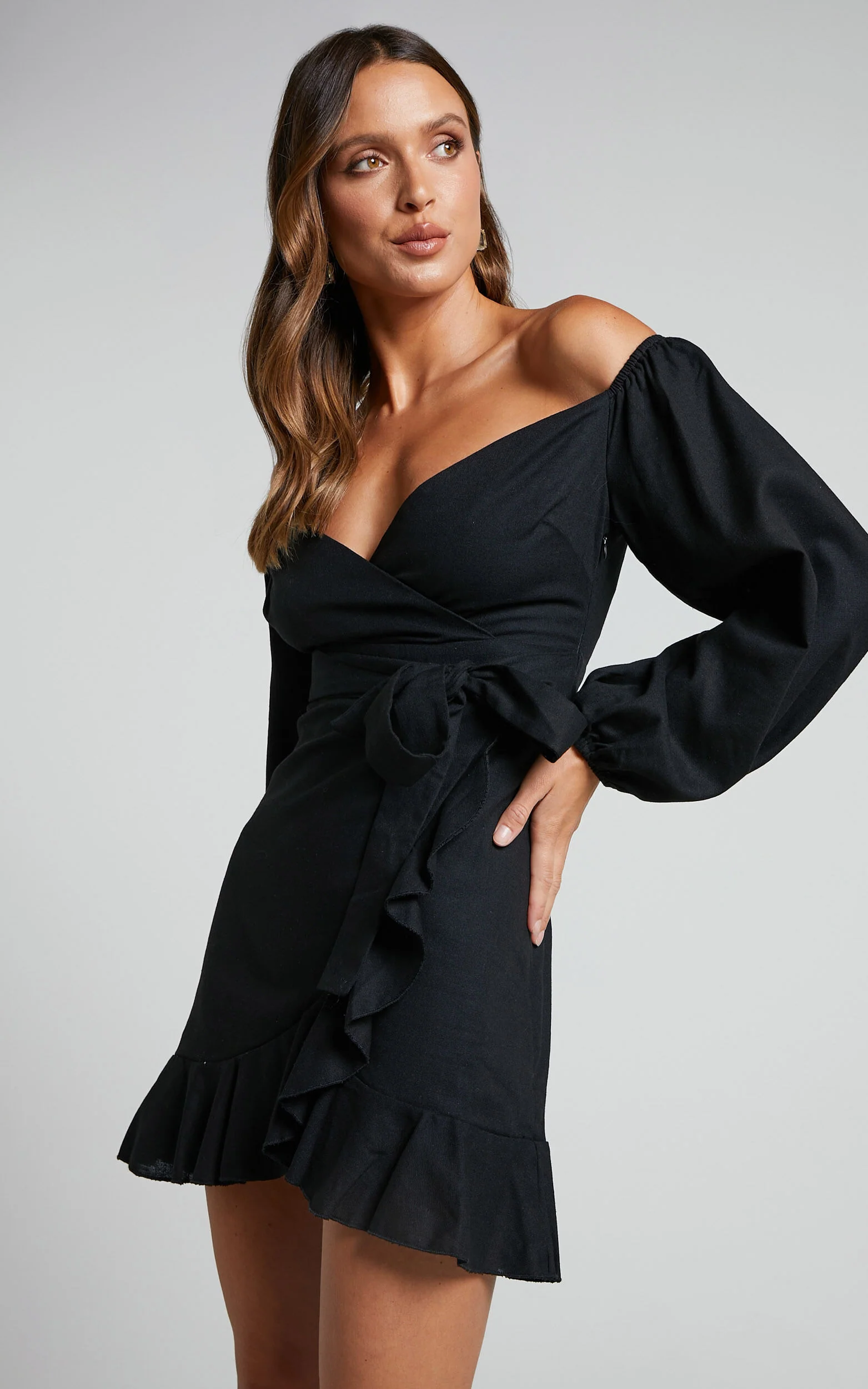 Cant Move On Off Shoulder Mini Linen Dress in Black Linen Look
