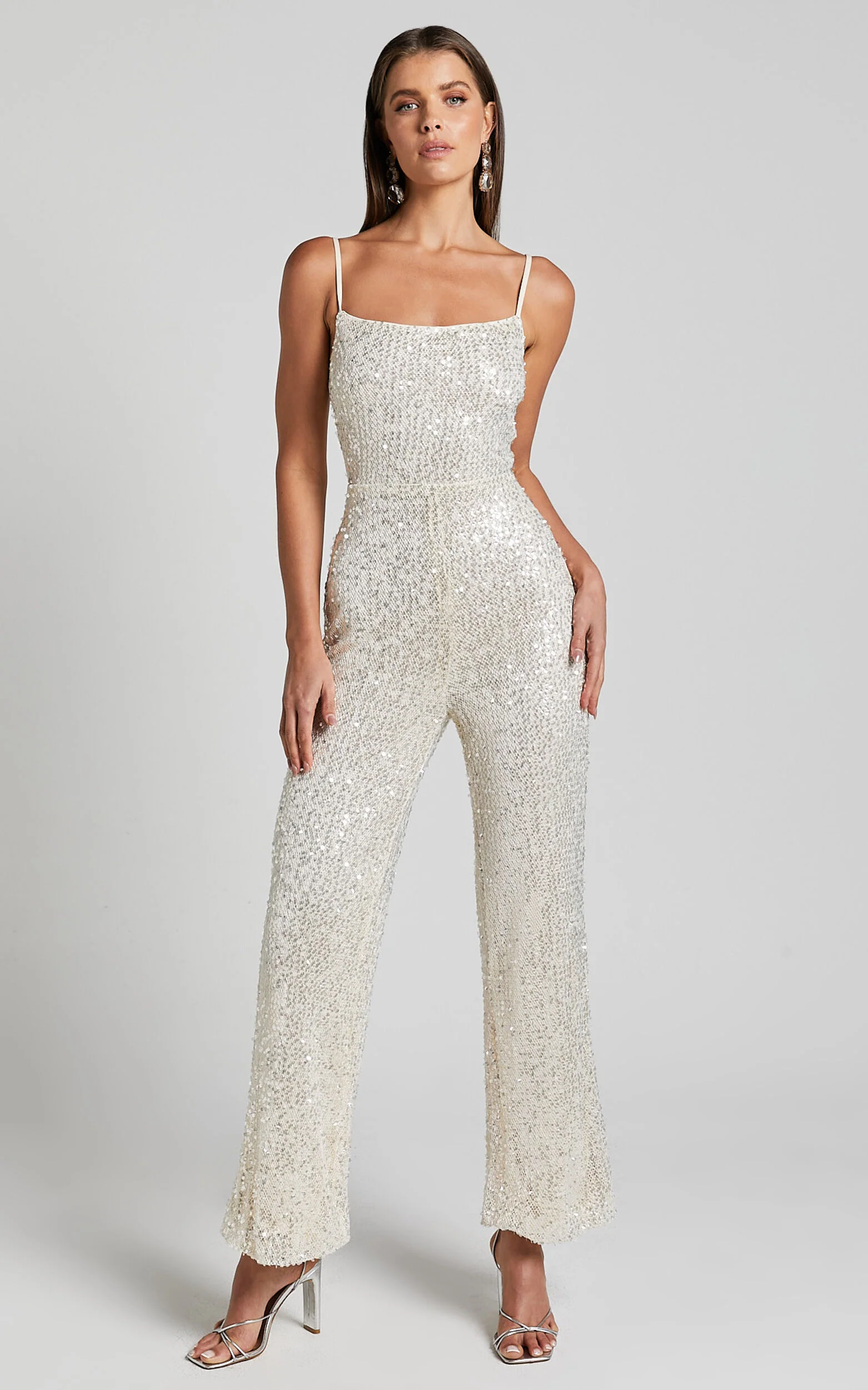 Carlie Jumpsuit - Straight Neck Strappy Sequin in Champagne