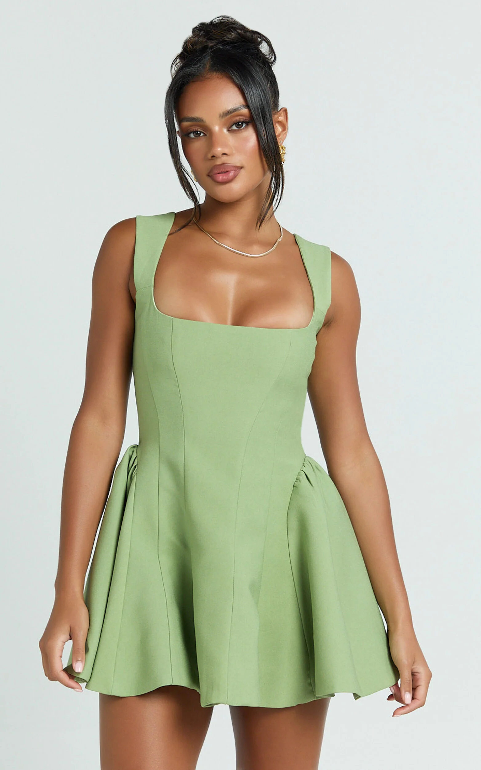 Kailee Mini Dress - Wide Strap Square Neck Fit And Flare Tulip Dress in Sage