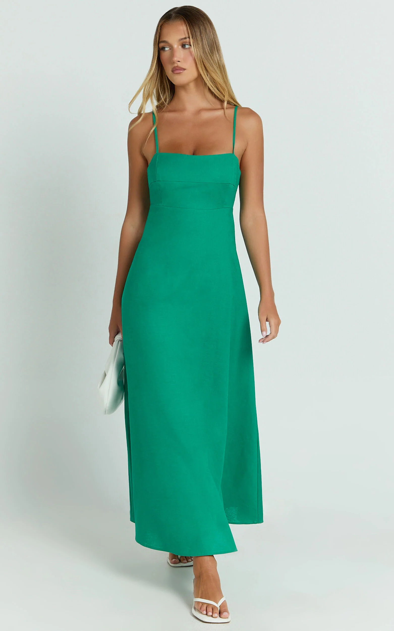 Brette Midi Dress - Linen Straight Neck Strappy Fit And Flare Dress in Green