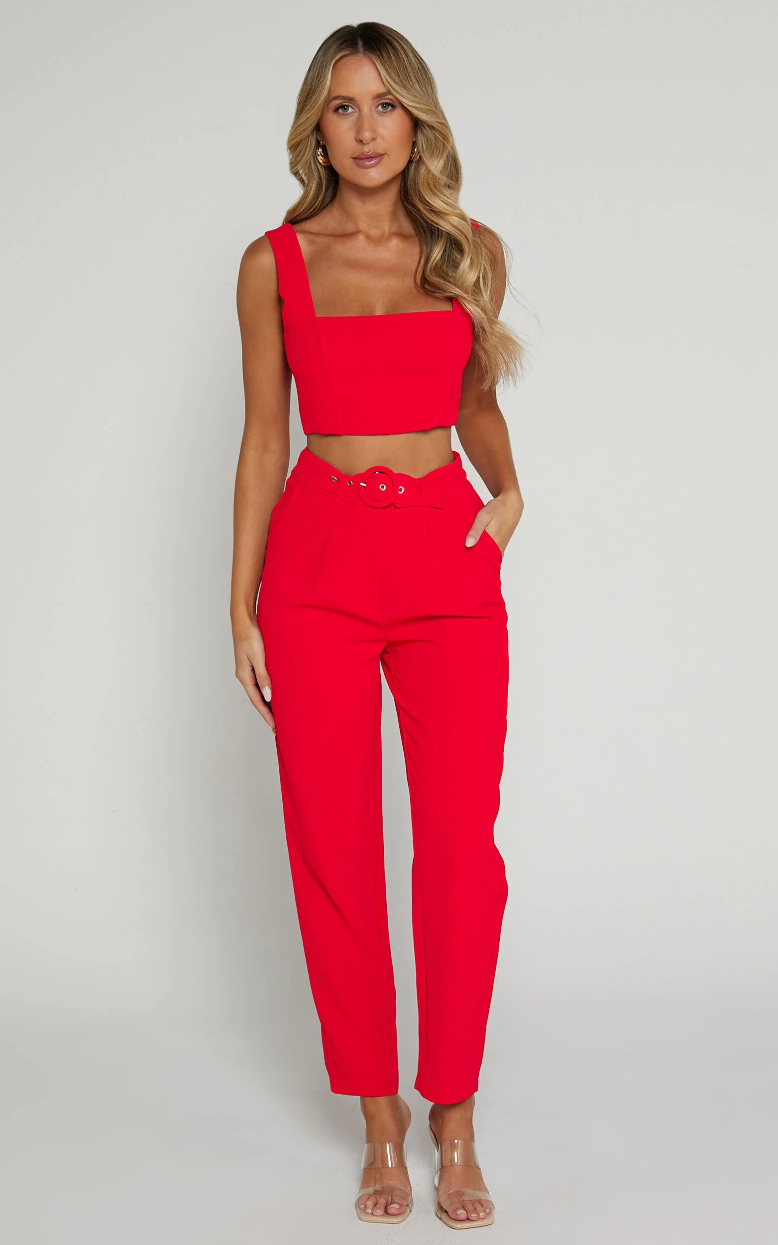 Reyna Two Piece Set - Crop Top and Tailored Pants Set in Red