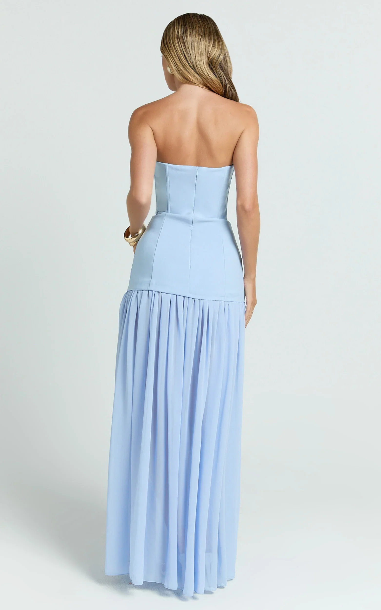 Jocelyn Maxi Dress - Strapless Ruched Fit And Flare Dress in Blue