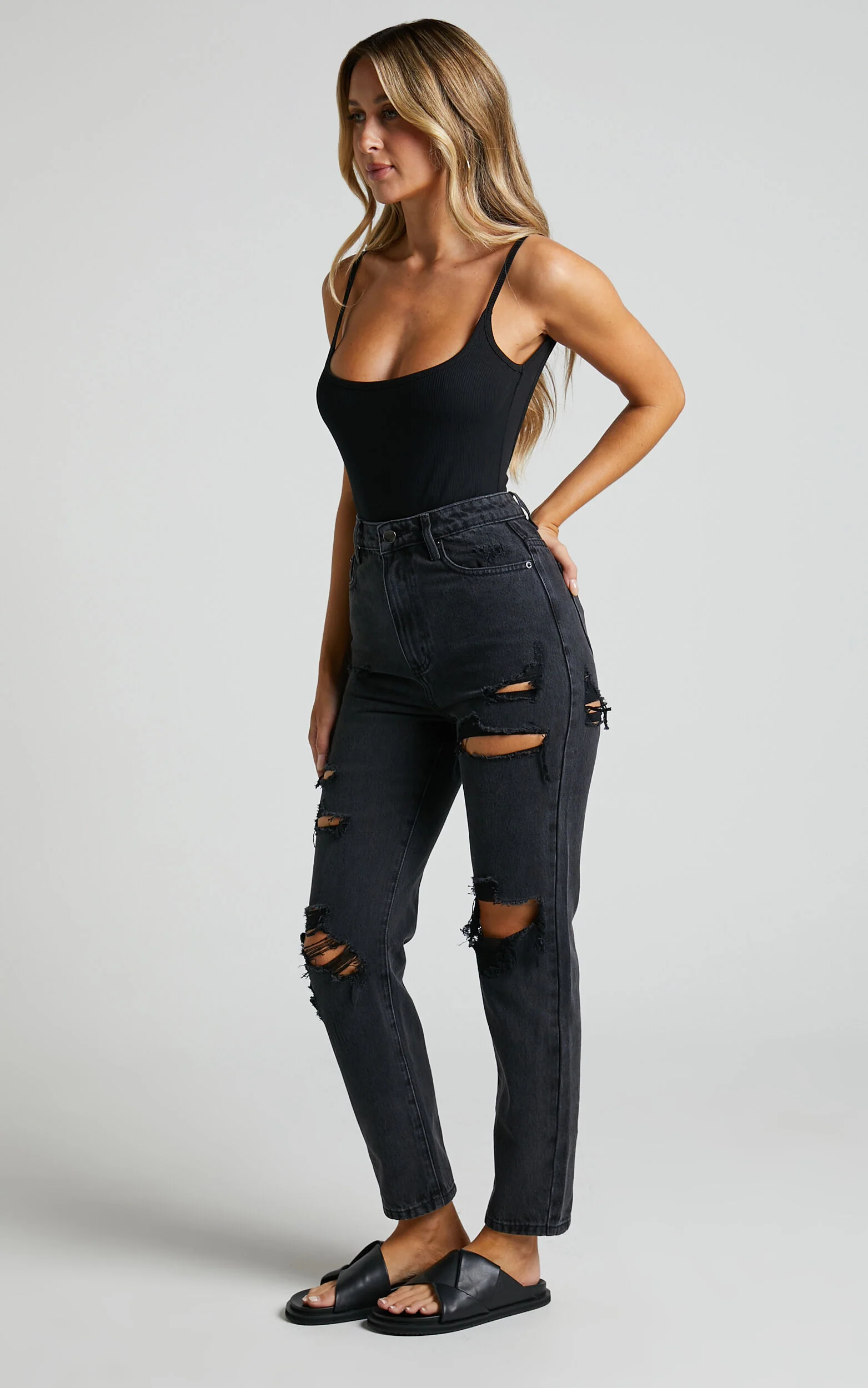 Billie Jeans - High Waisted Cotton Distressed Mom Denim Jeans in Black Wash