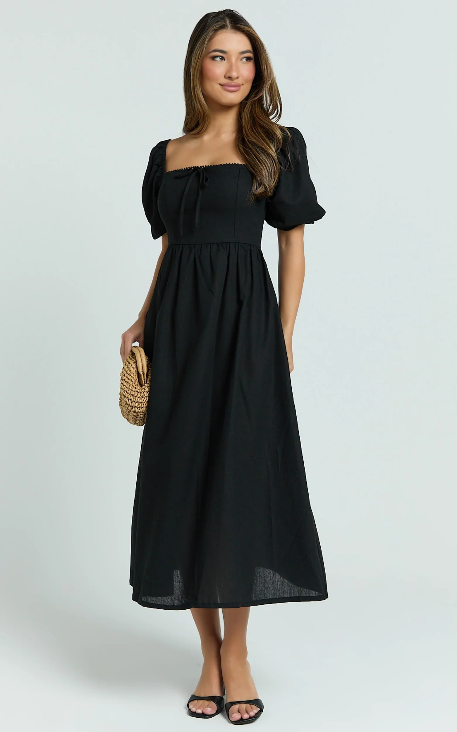 Quinn Midi Linen Blend Dress - Puff Sleeve Square Neck Dress in Black