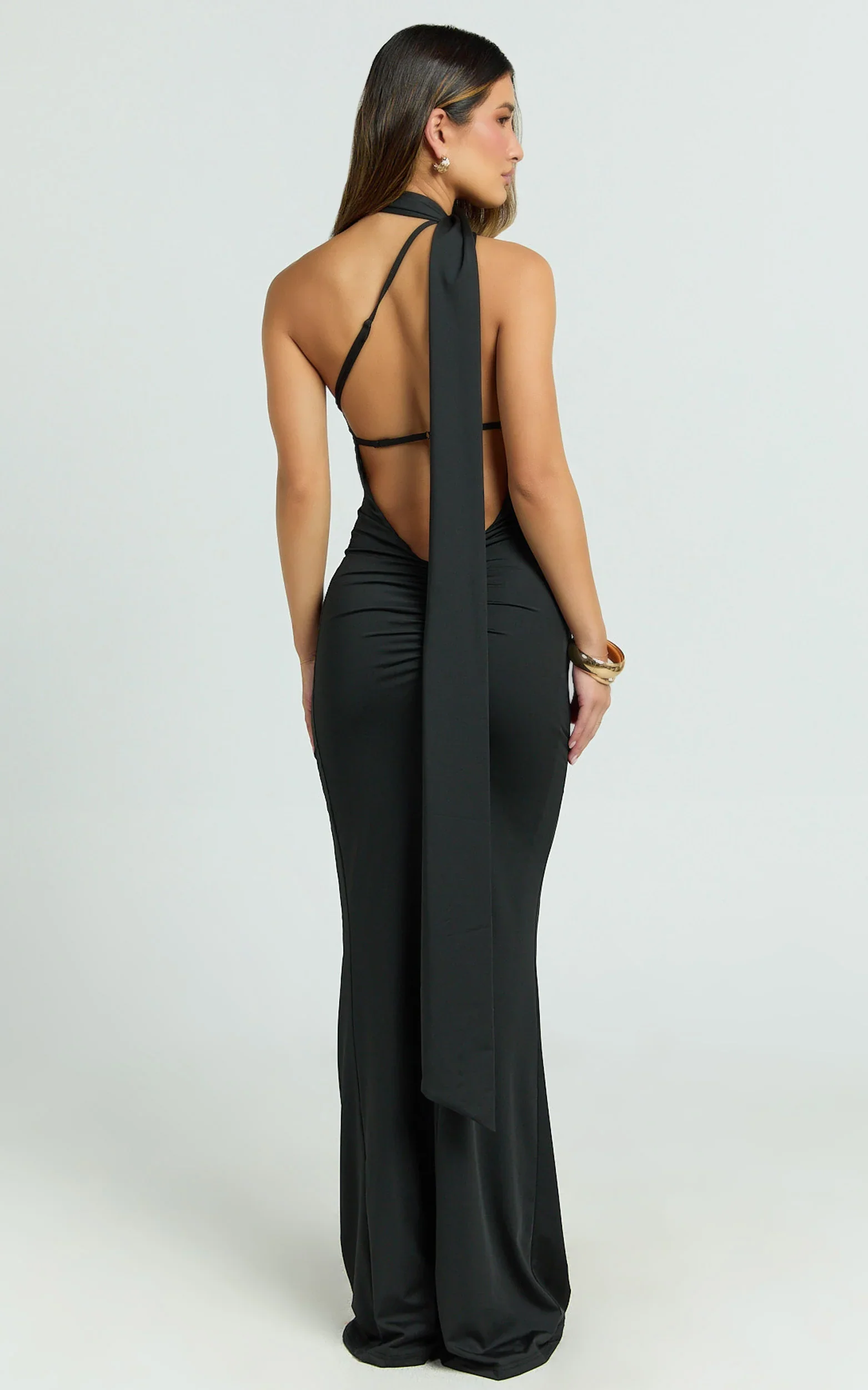 Seraphine Maxi Dress - Halter Neck Low Back Fit And Flare Dress in Black