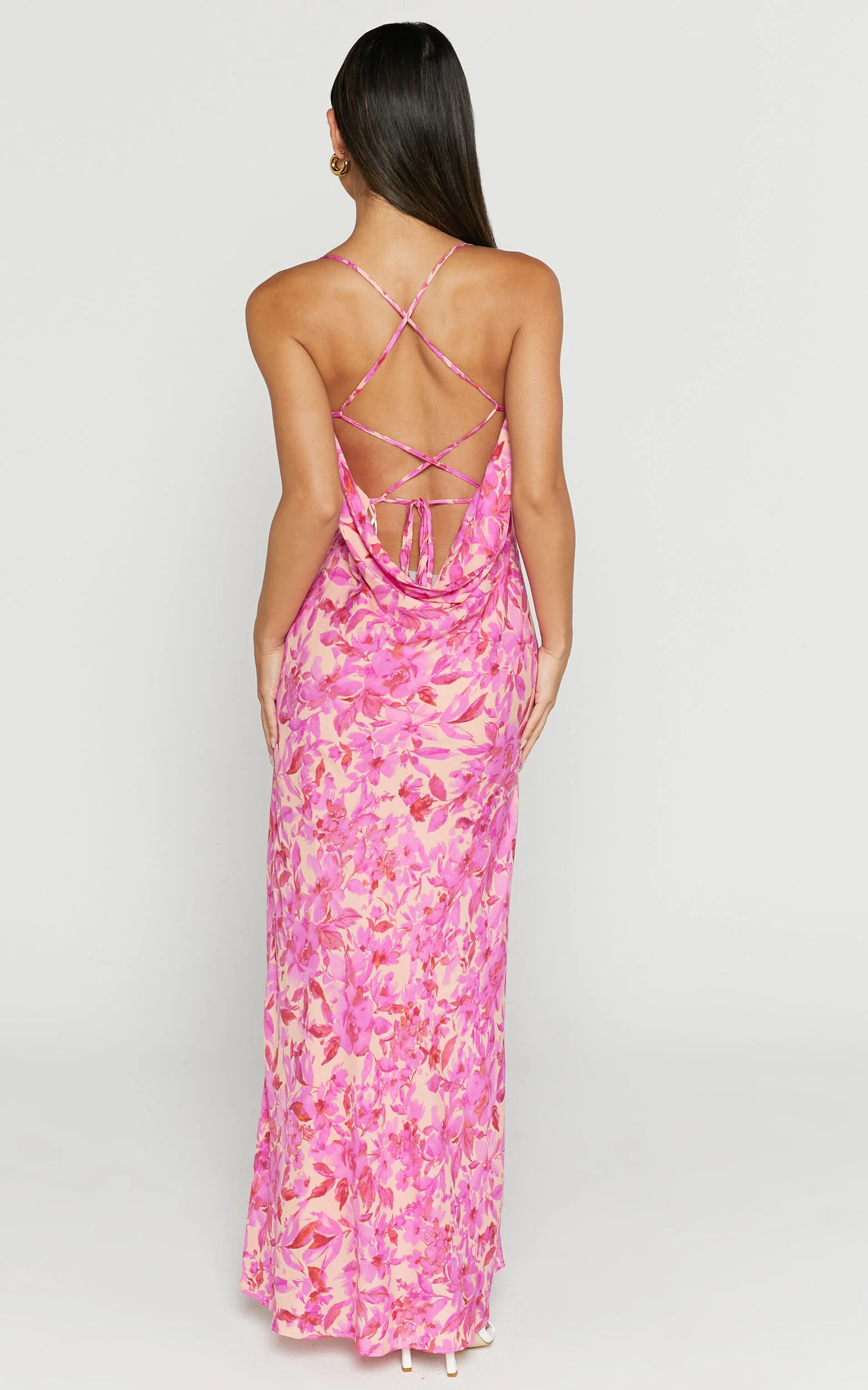Manuella Maxi Dress - Cowl Neck Slit Slip Dress in Pink