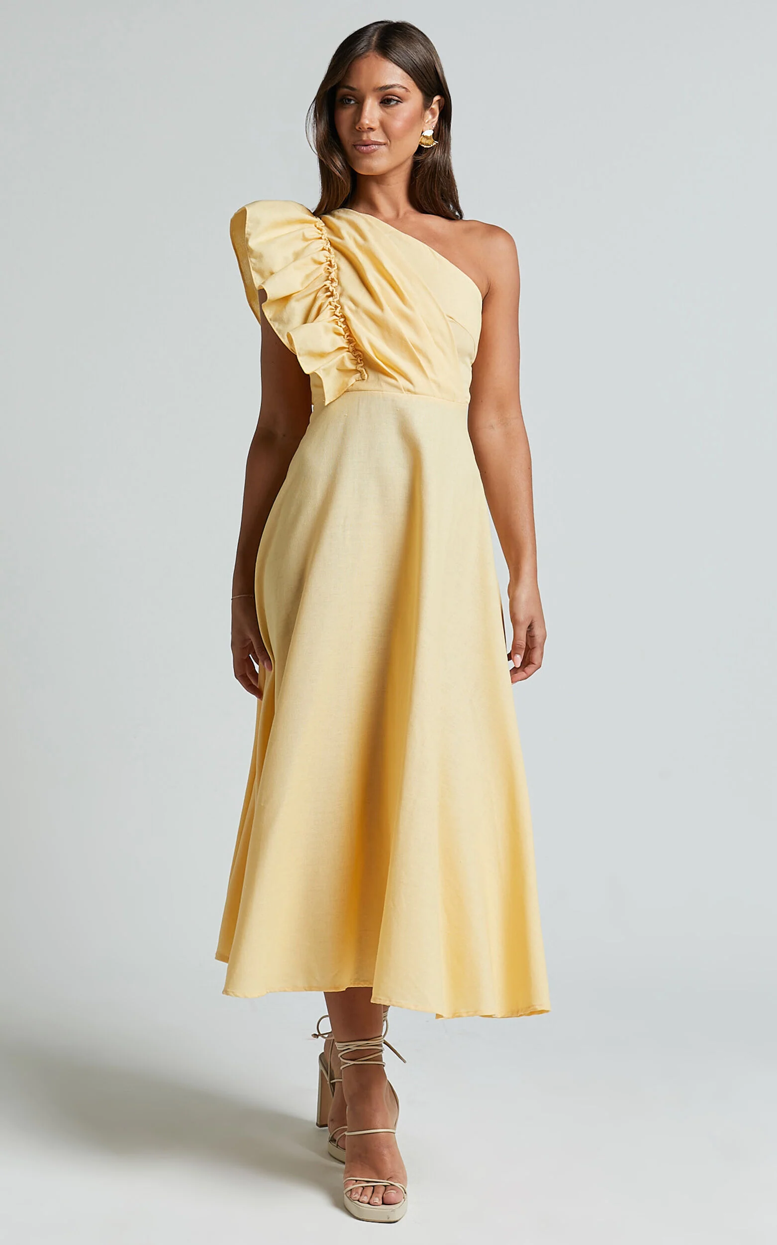 Dixie Midi Dress - Linen Look One Shoulder Ruffle Dress in Lemon