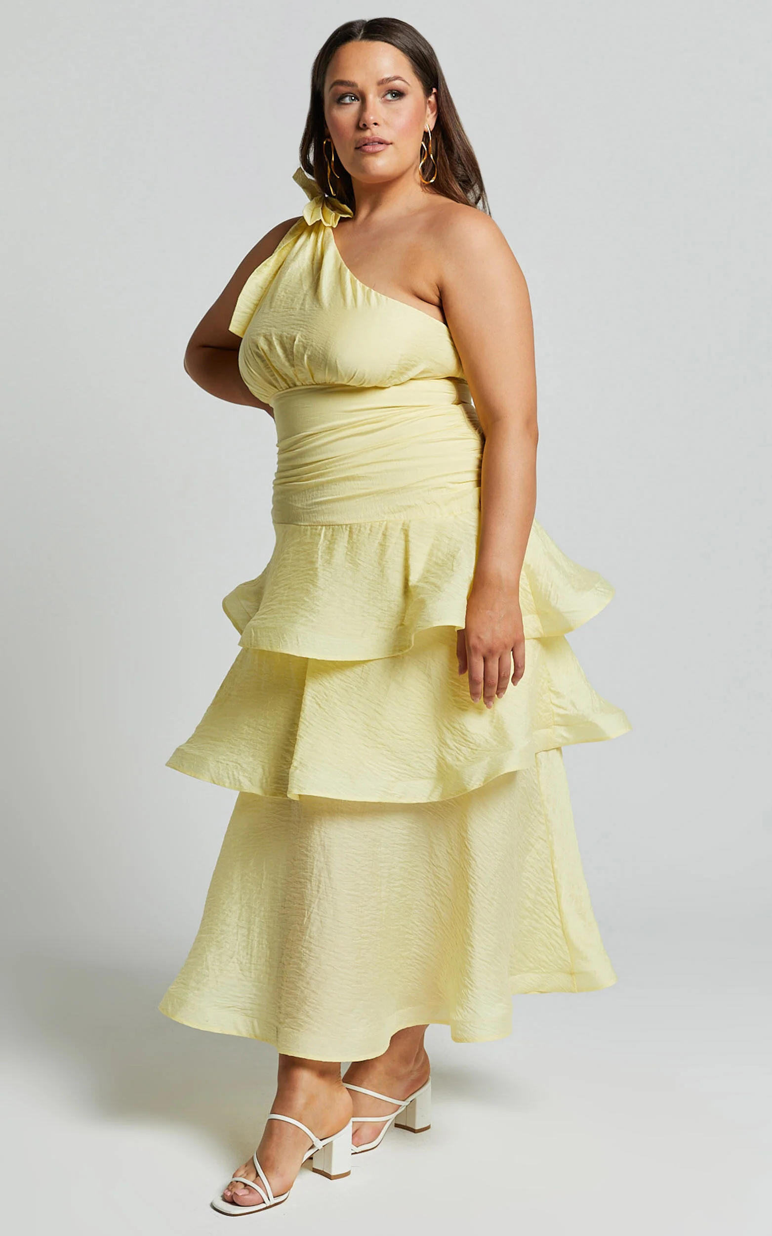 Eugenia Midi Dress - One Shoulder Fit and Flare Layered Dress in Yellow