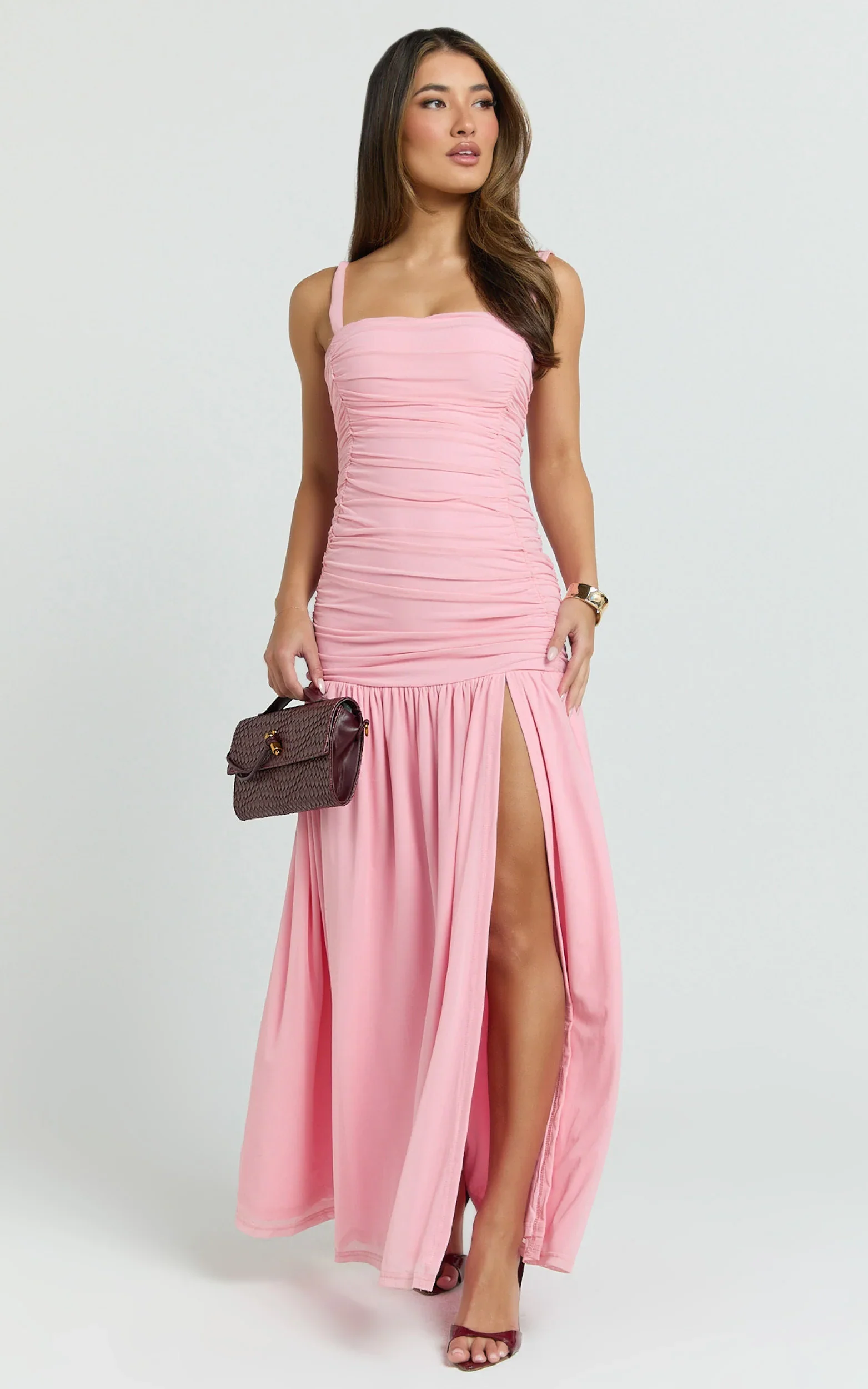 Cardi Maxi Dress - Ruched Mesh High Leg Split Dress in Pink
