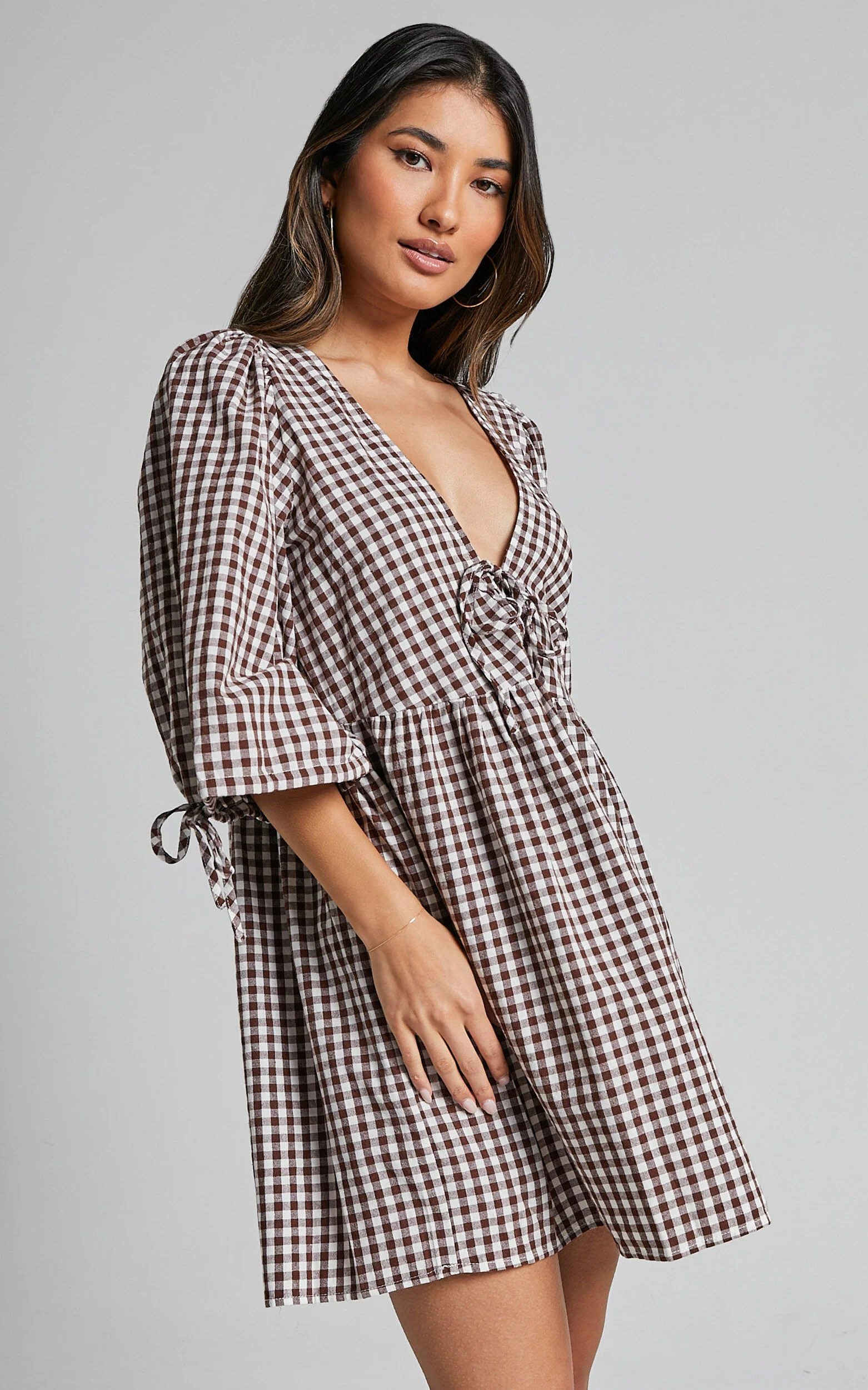 Rosita Mini Dress - Tie Front Puff Sleeve Dress in Brown and White Check