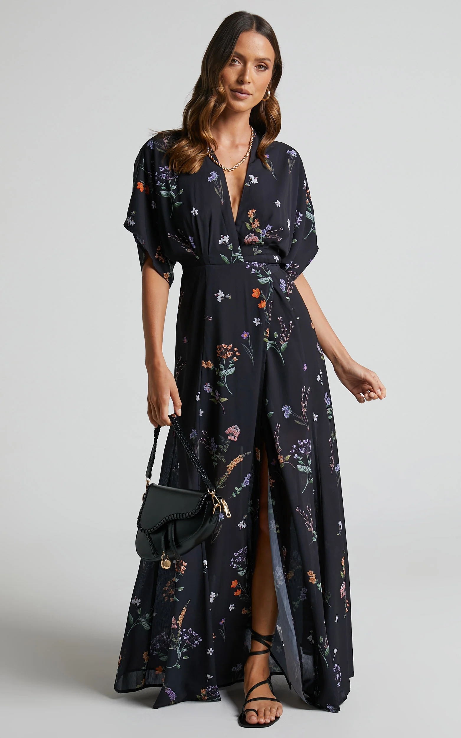 Erenza Maxi Dress - Extended Sleeve Wrap Dress in Black Flower Field