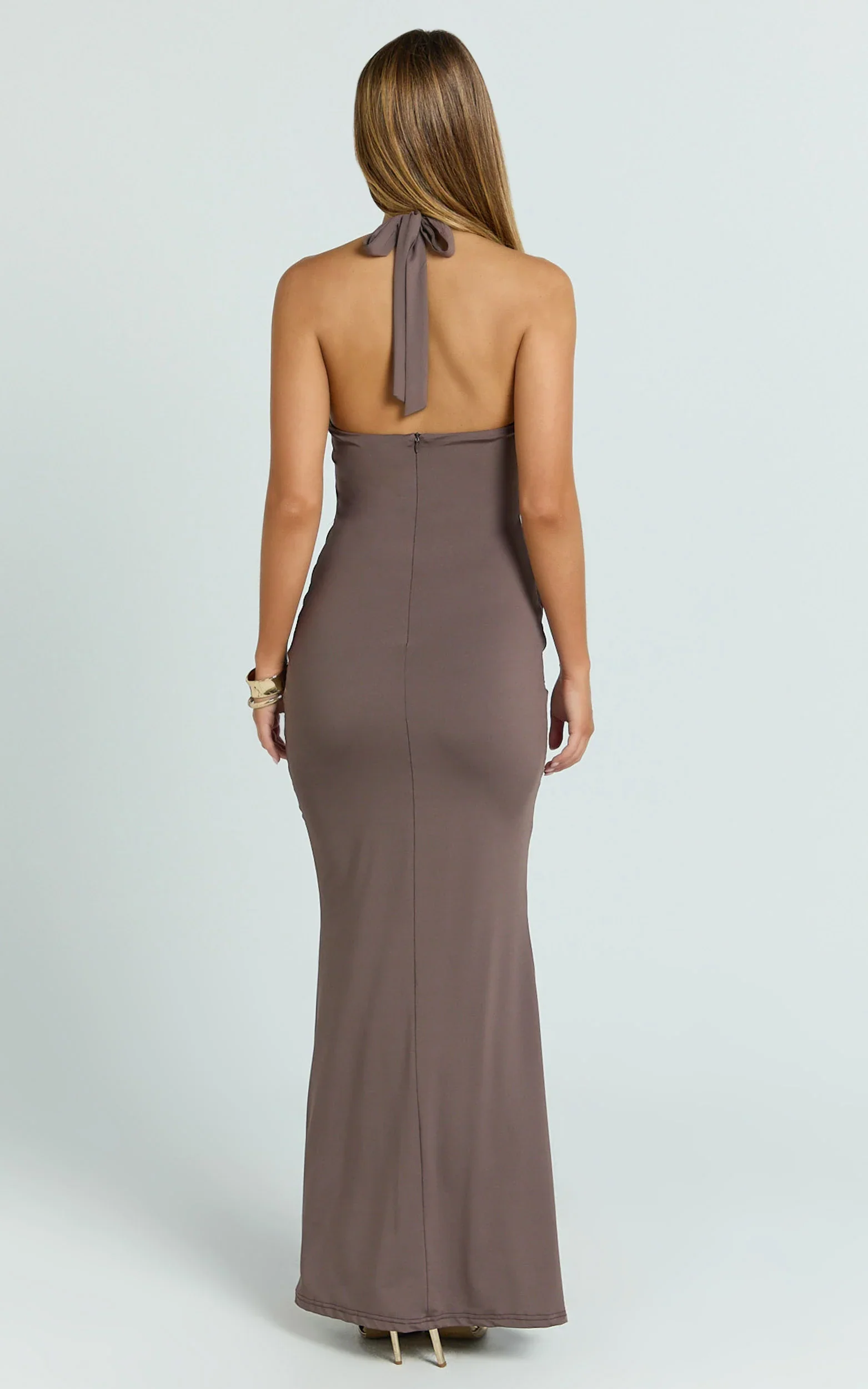 Heath Maxi Dress - Scoop Halter Neck With Drape Front Skirt Back Split Dress in Brown
