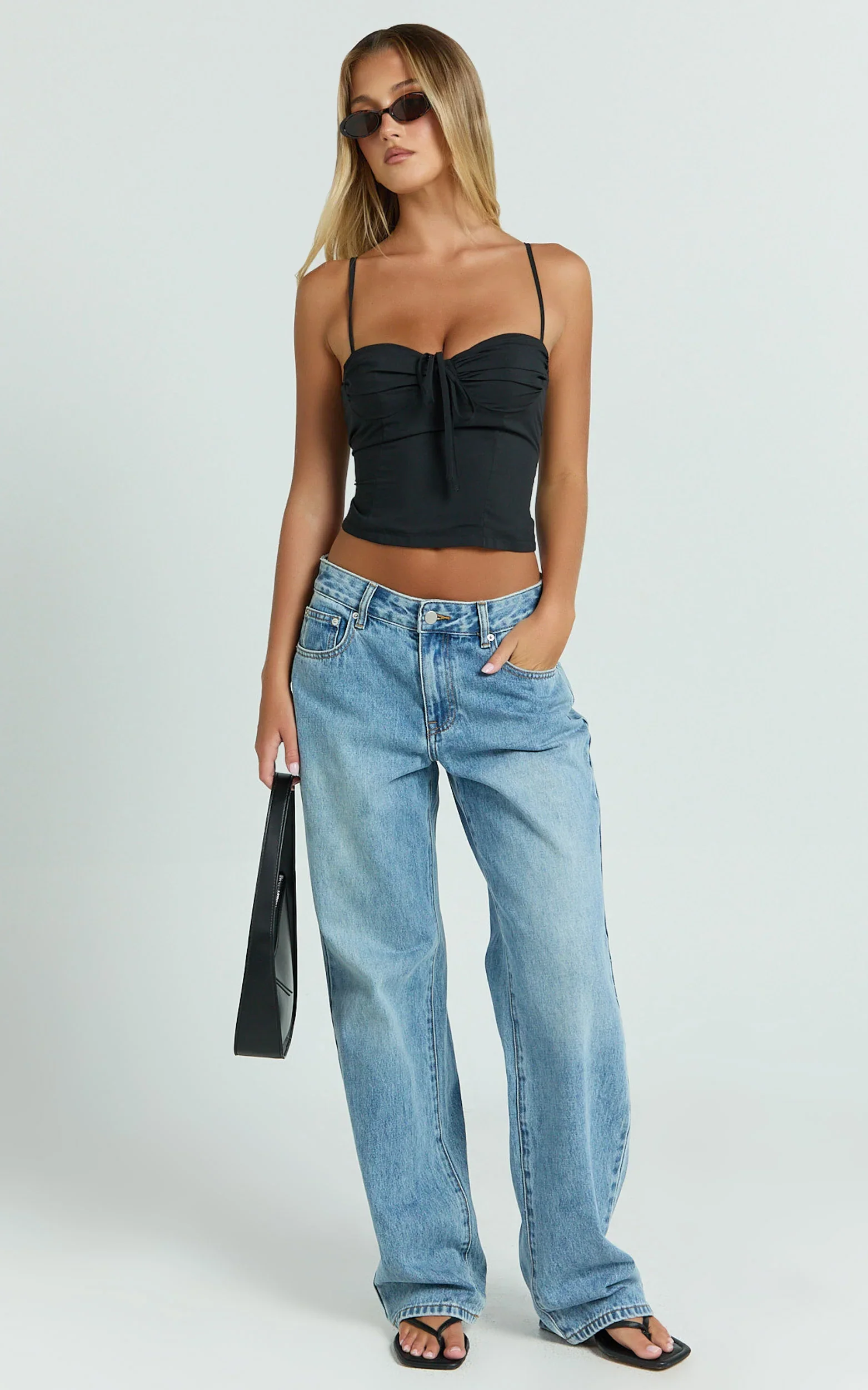 Clare Top - Gathered Front Bow Strappy Crop Top in Black