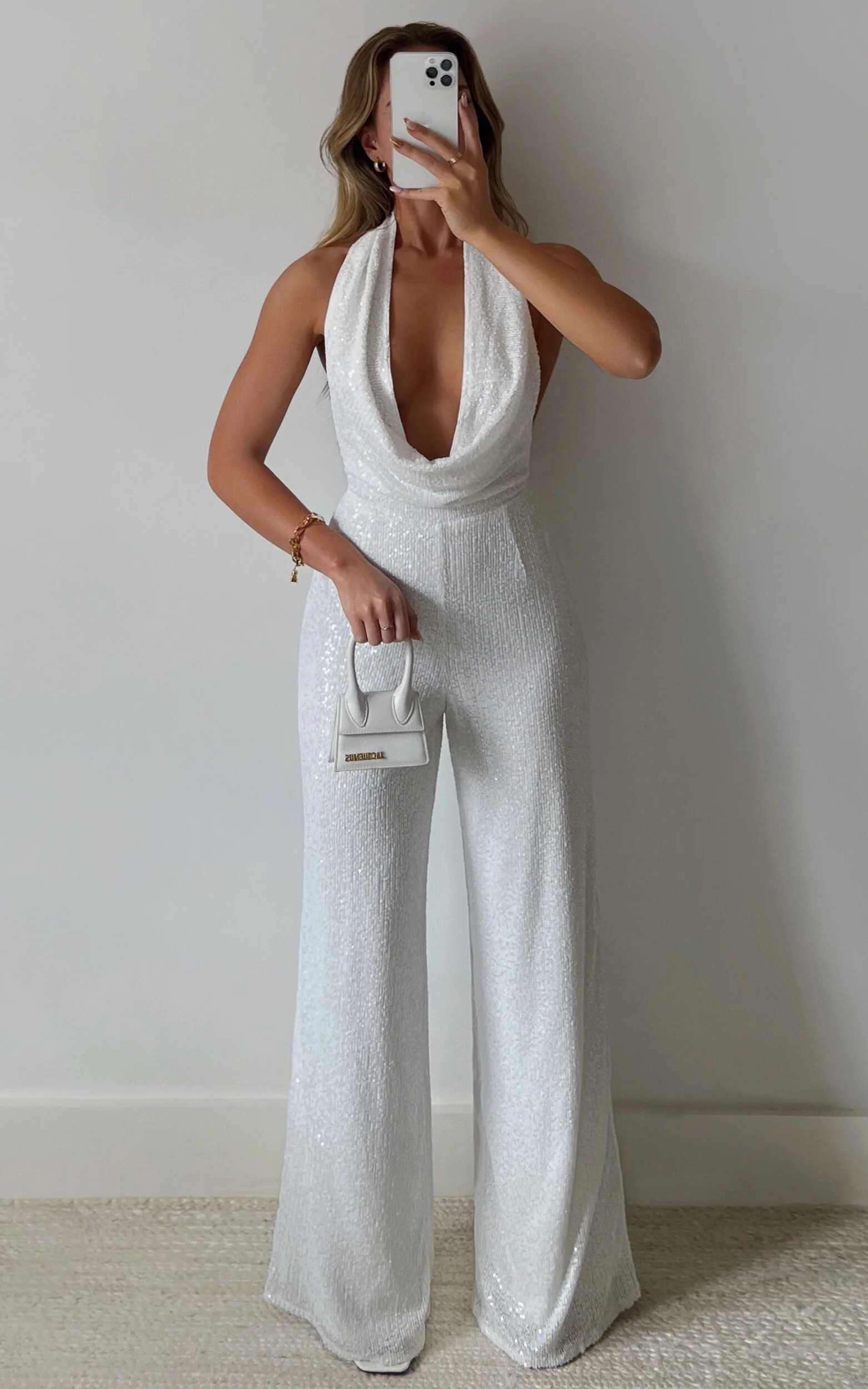 Julien Jumpsuit - Backless Wide Leg Cowl Neck Sequin Jumpsuit in White