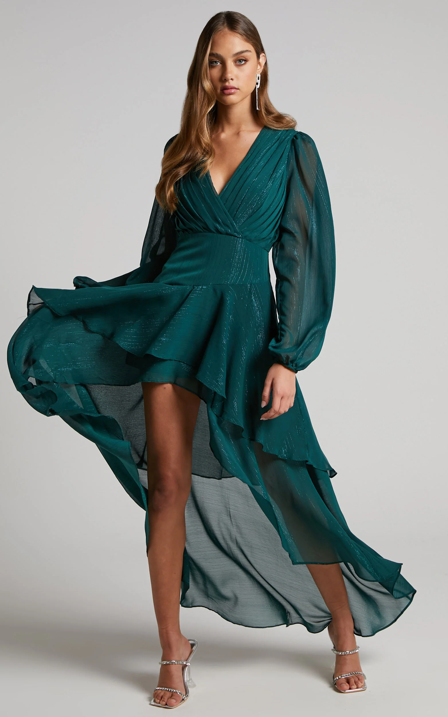 Claudita Midi Dress - Long Sleeve High Low Hem Dress in Emerald