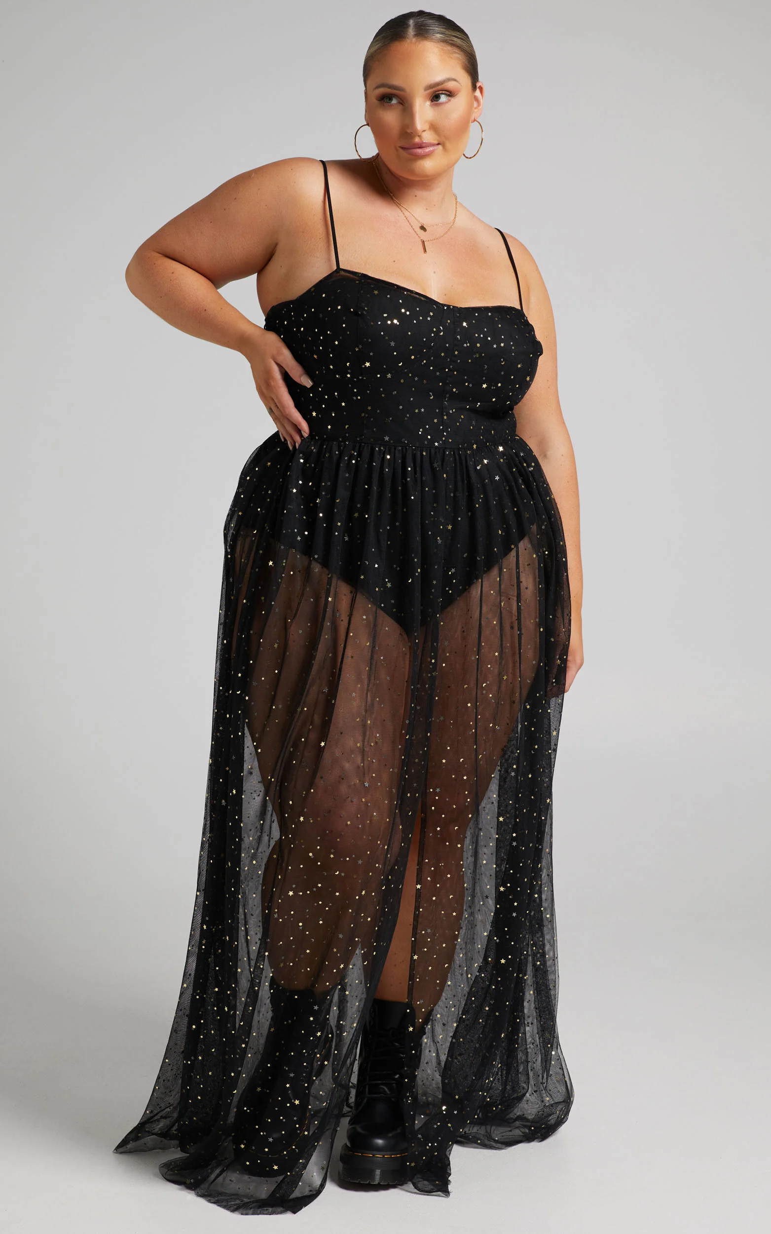 Stunning View Maxi Dress - Bodice Sheer Dress in Black Mesh