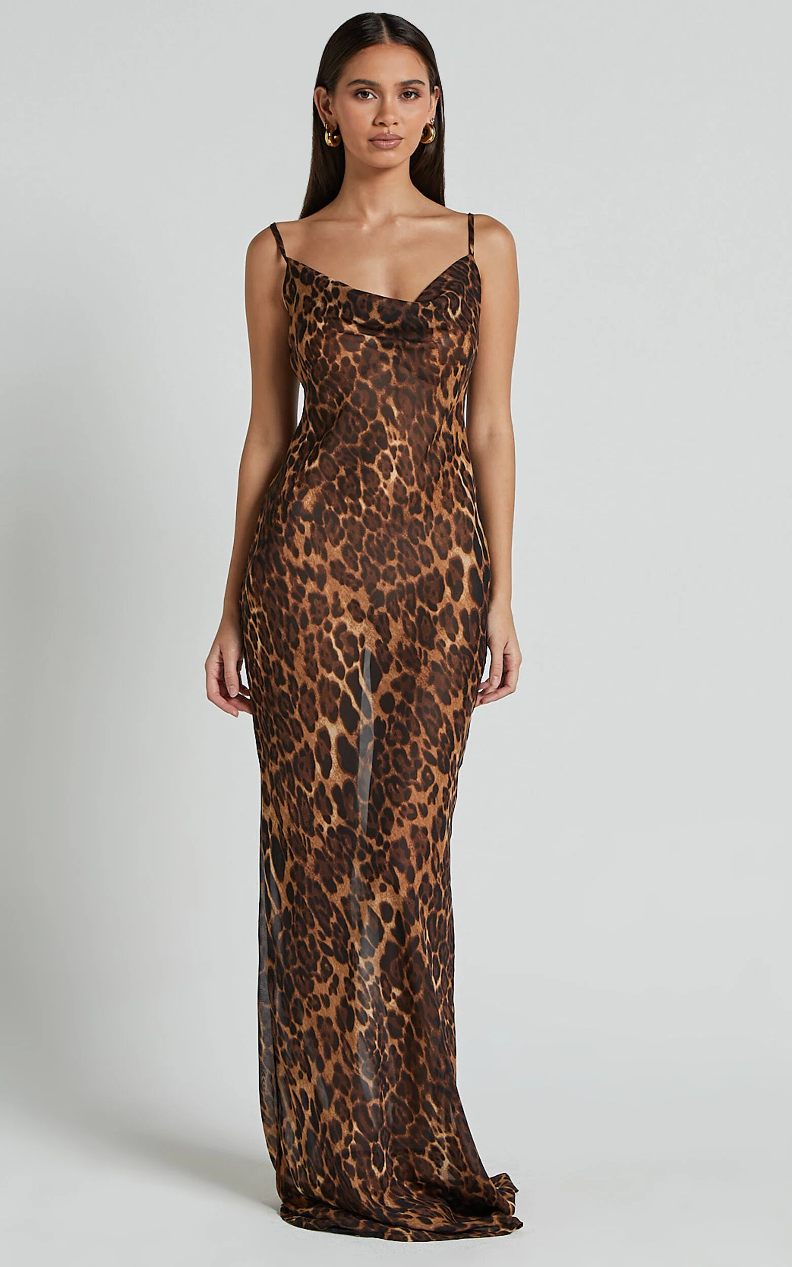 Hilary Maxi Dress - Sheer Cowl Neck Slip Dress in Leopard