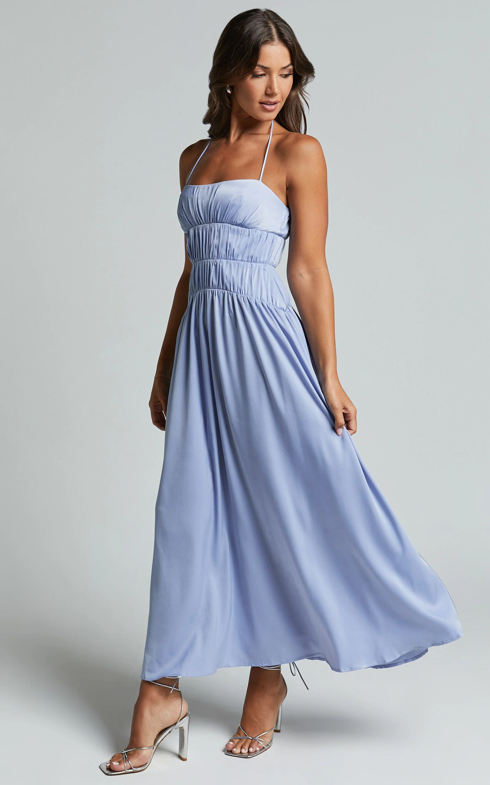 Callie Midi Dress - Satin Gathered Bust Detail Dress in Blue