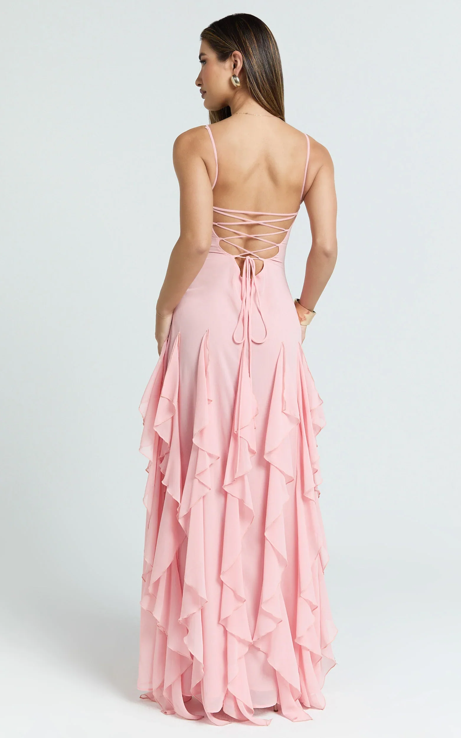 Maeve Maxi Dress - V Neck Ruffle Tier Slip Dress in Pink