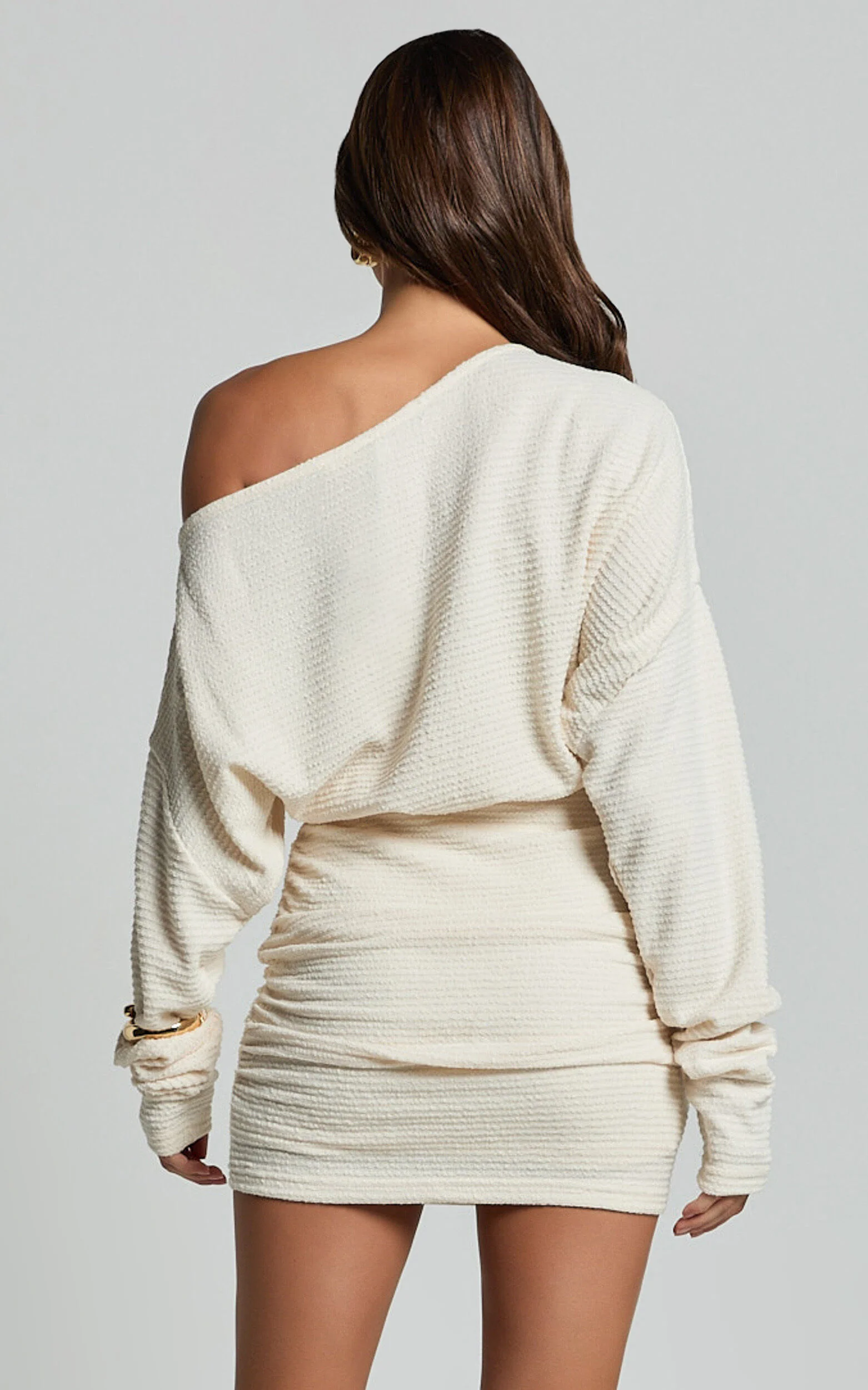 Alyce Mini Dress - Long Sleeve One Shoulder Dress in Off White