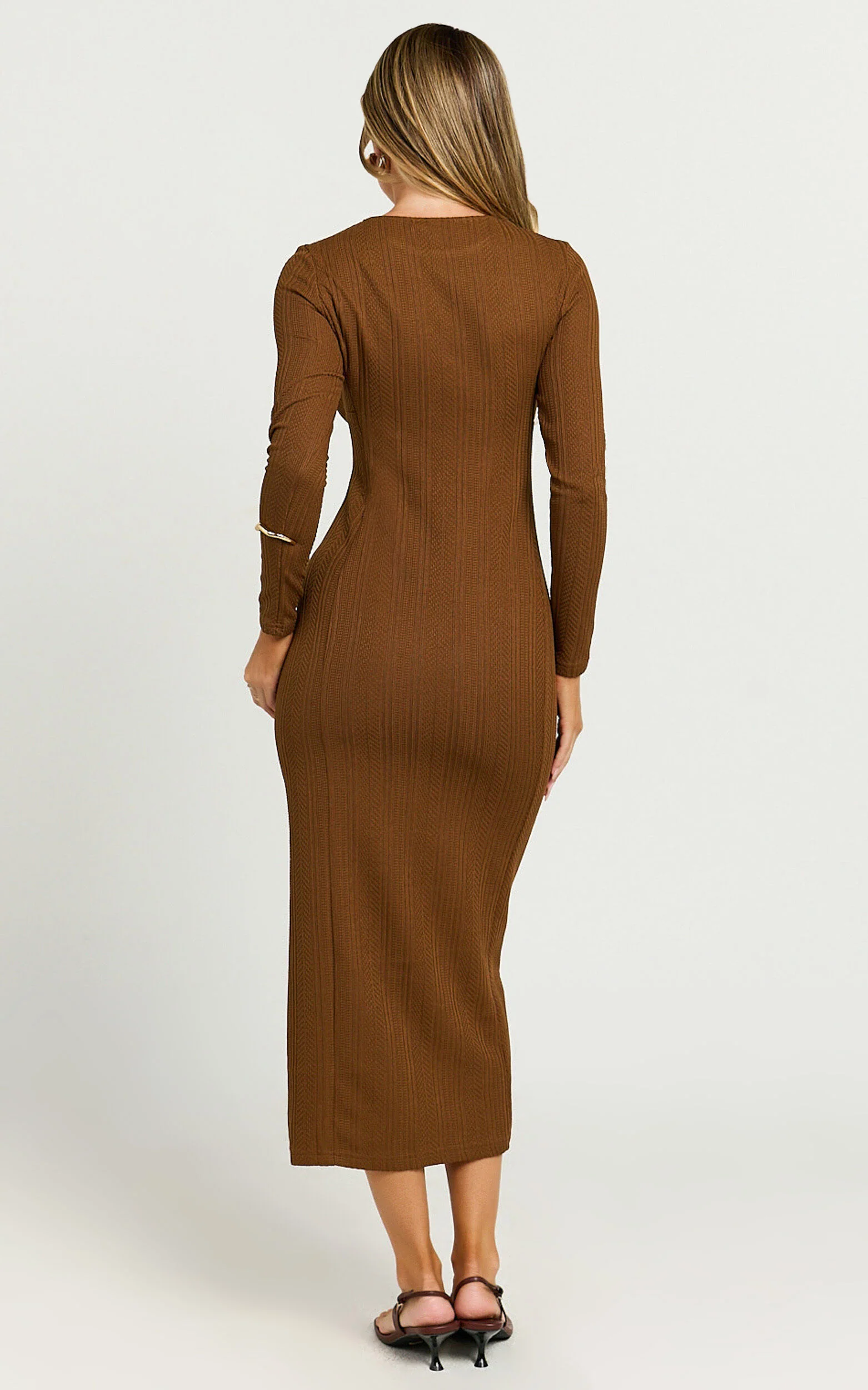 Divina Midi Dress - Long Sleeve A Line Knit Dress in Brown