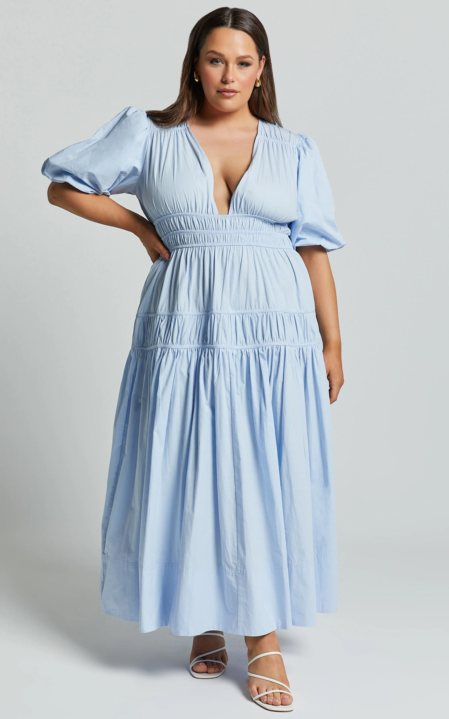 Mellie Midi Dress - Puff Sleeve Plunge Tiered Dress in Soft Blue