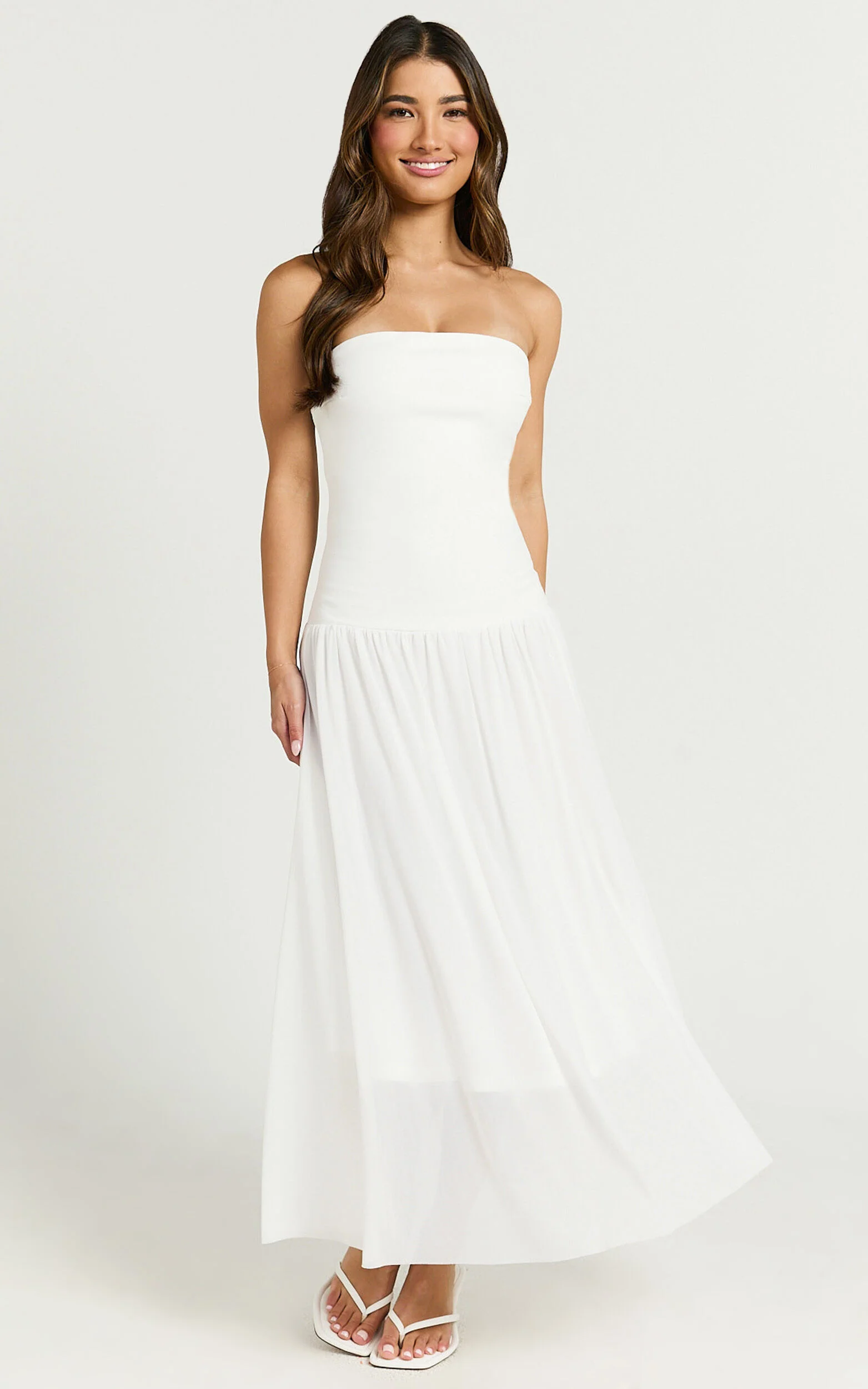 Cherie Midi Dress - Strapless Drop Waist Dress in Ivory
