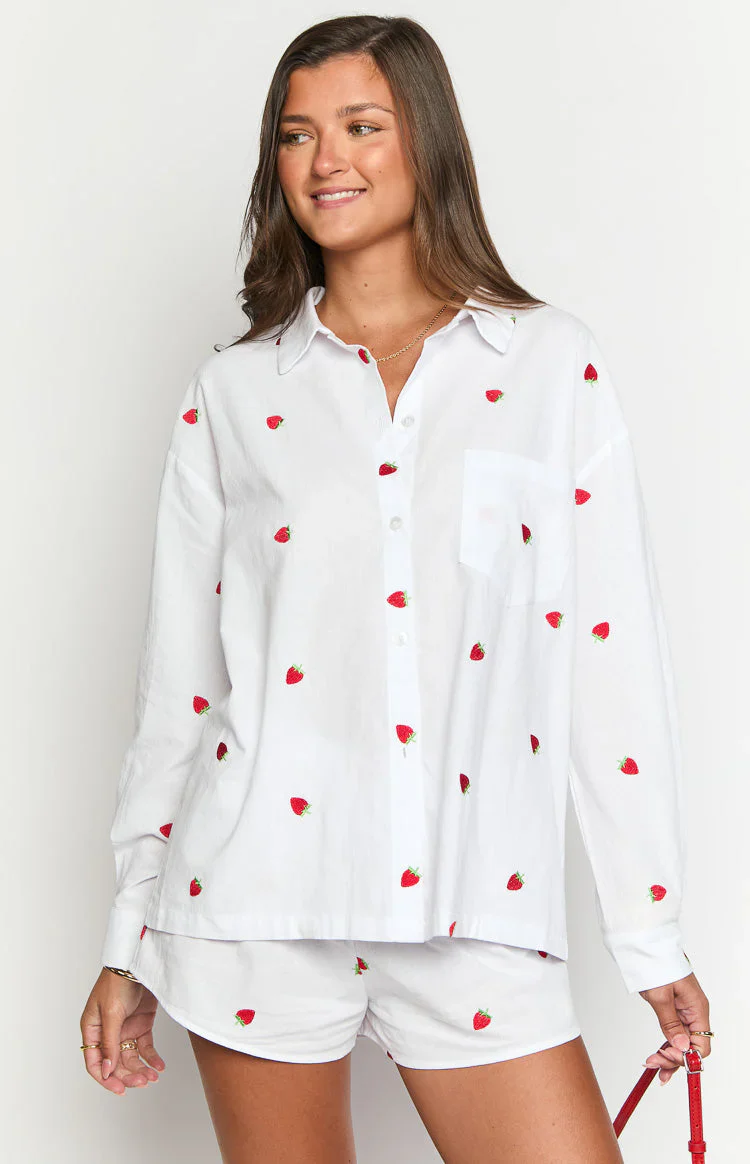 Margarita White Strawberry Embroidered Long Sleeve Shirt