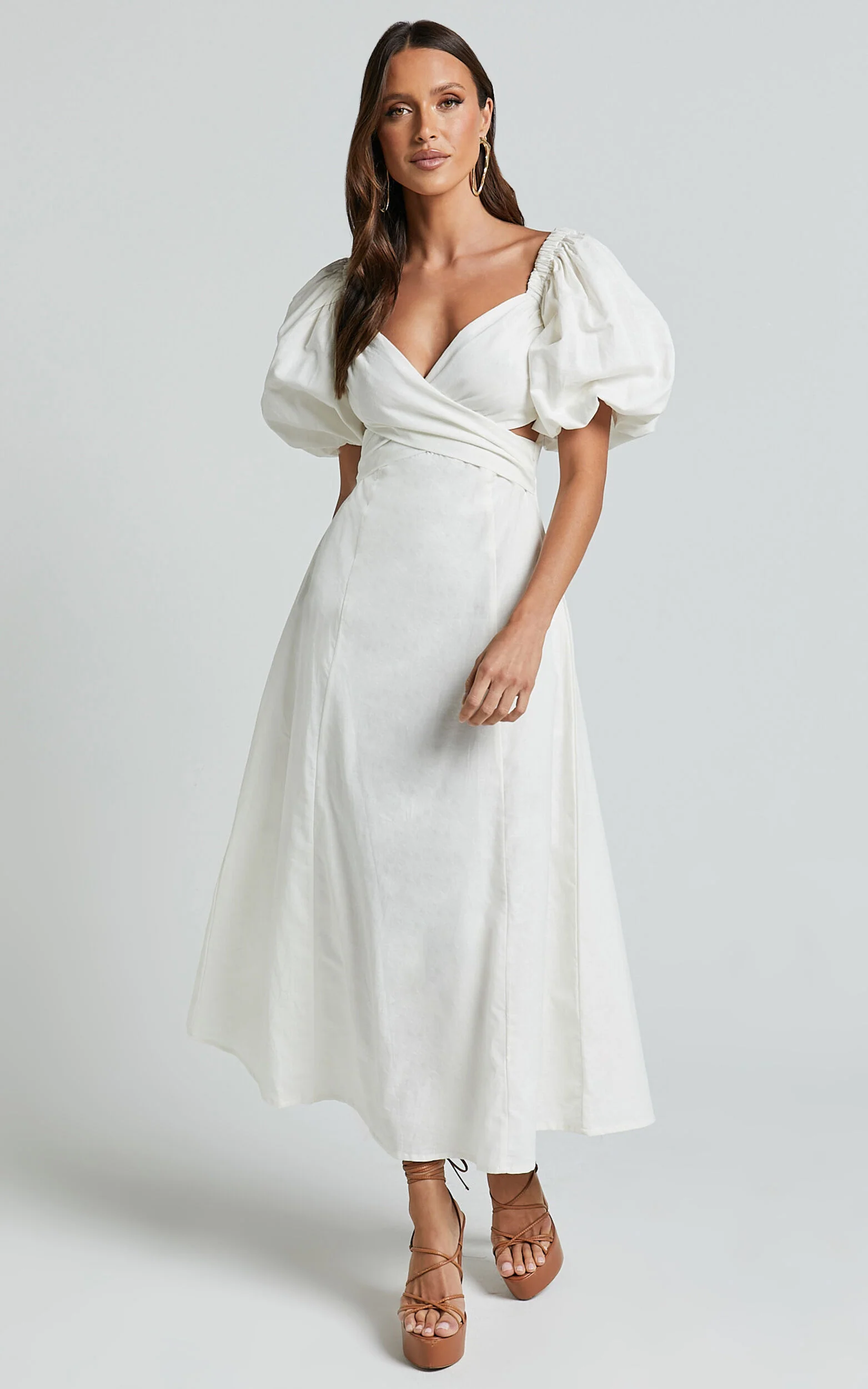 Amalie The Label - Janae Linen Blend Puff Sleeve Cut Out Midi Dress in White