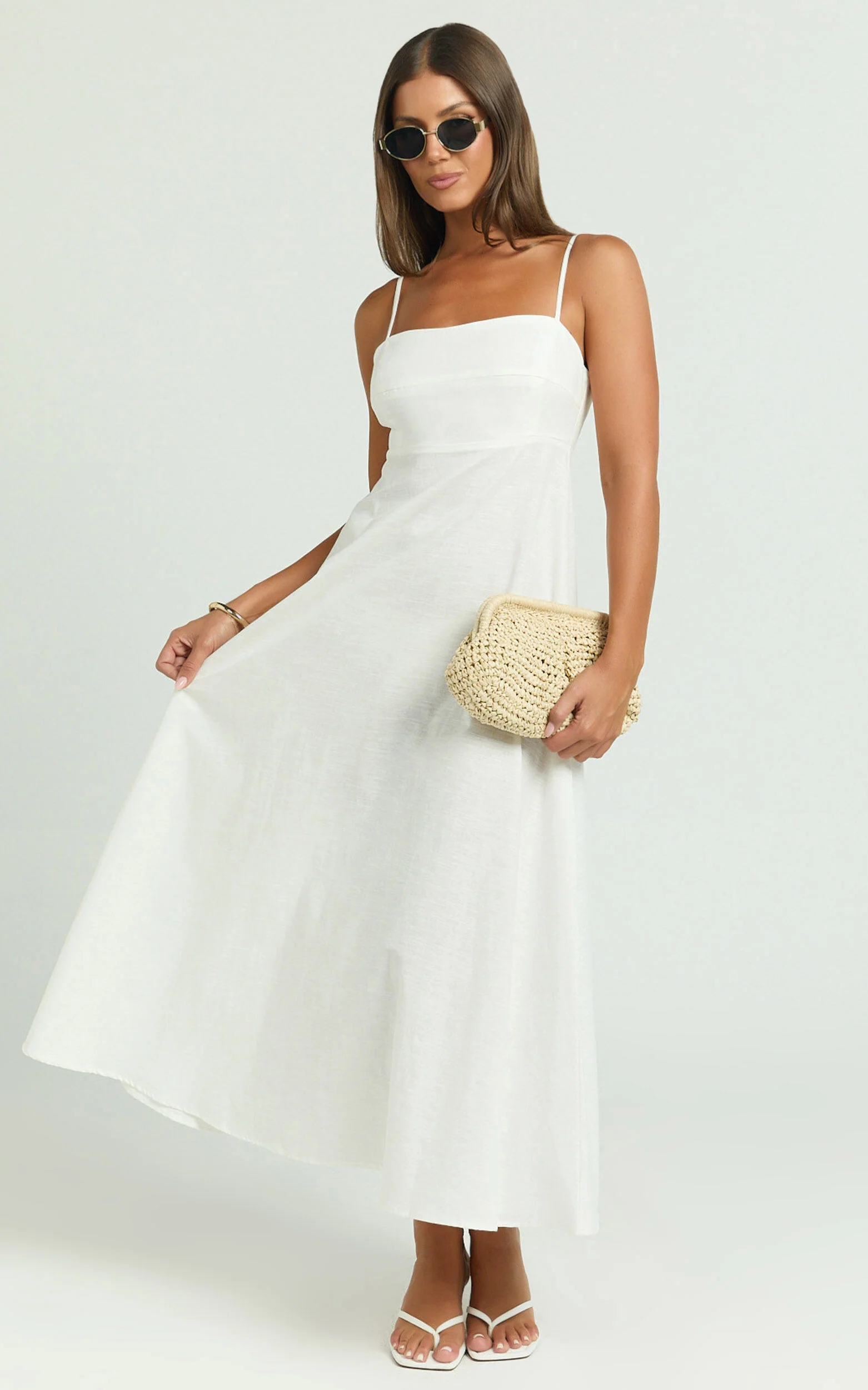 Brette Midi Dress - Linen Straight Neck Strappy Fit And Flare Dress in White