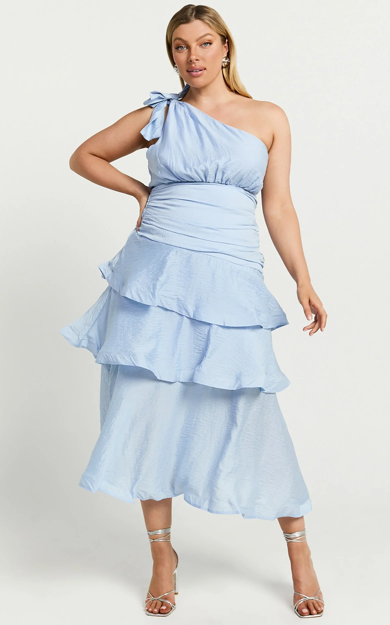 Eugenia Midi Dress - One Shoulder Fit and Flare Layered Dress in Pale Blue