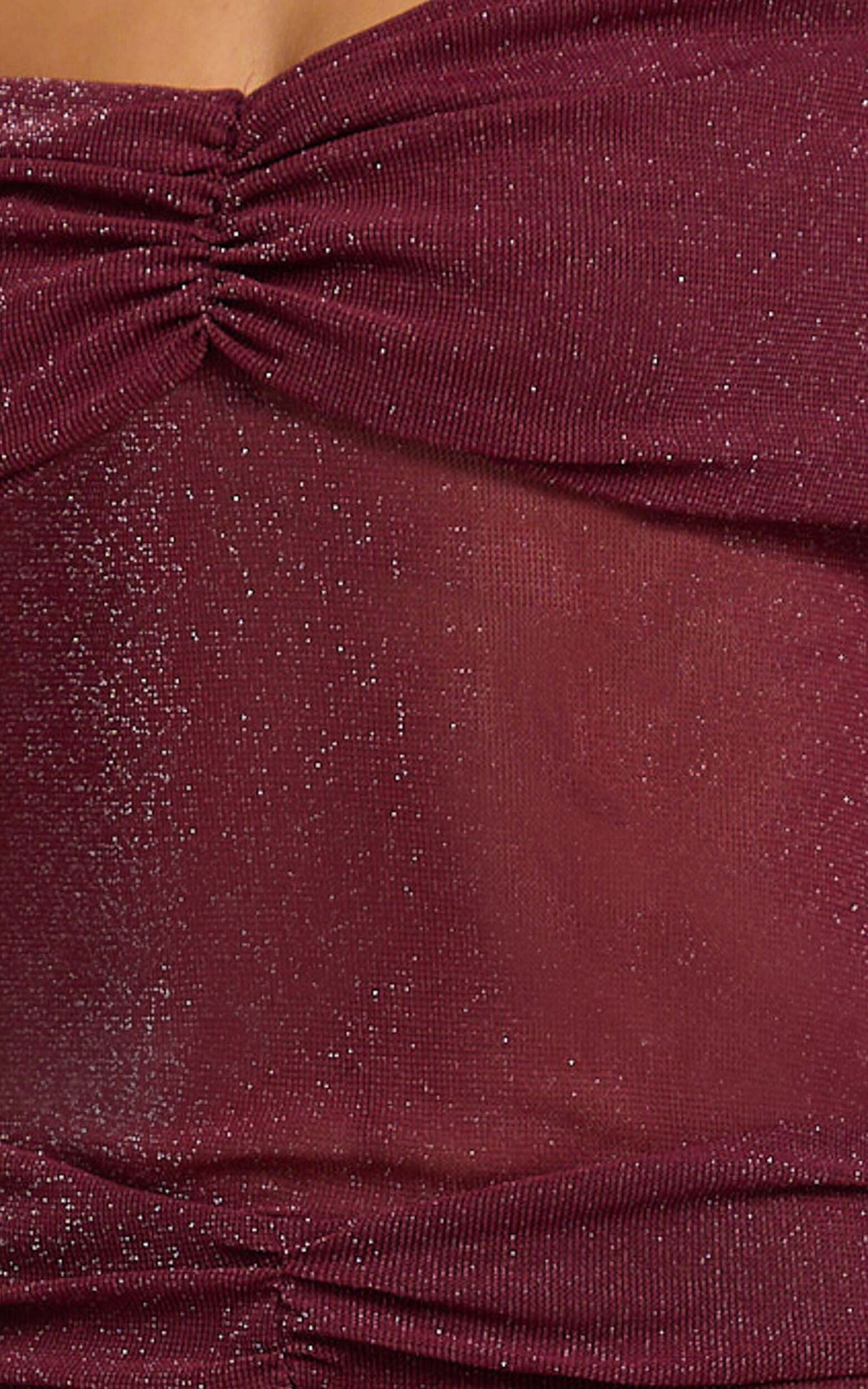 Rumi Mini Dress - Glitter Tulle Off Shoulder Ruched Dress in Wine