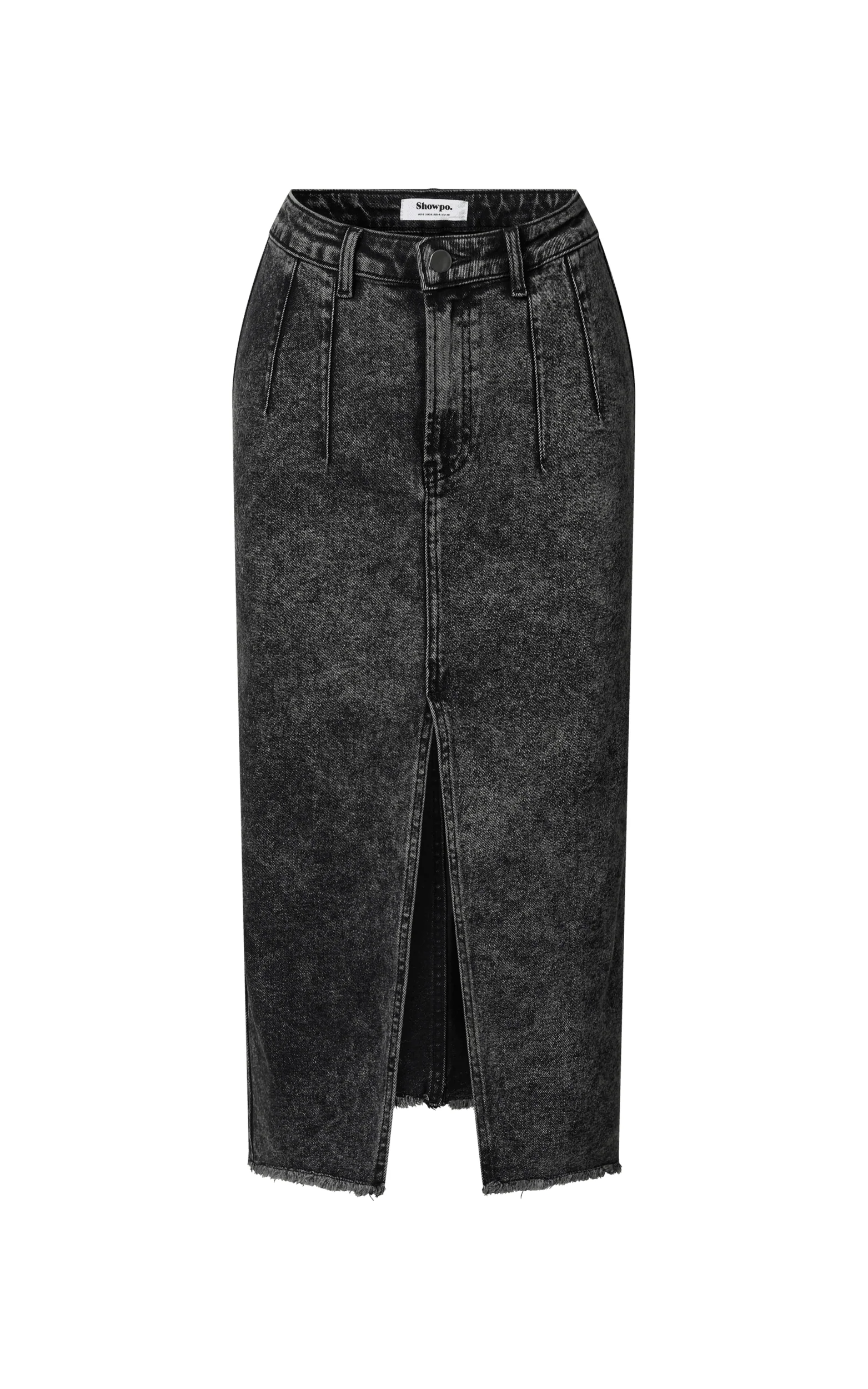 Janeve Midi Skirt - Front Split Denim Skirt in Black Acid Wash